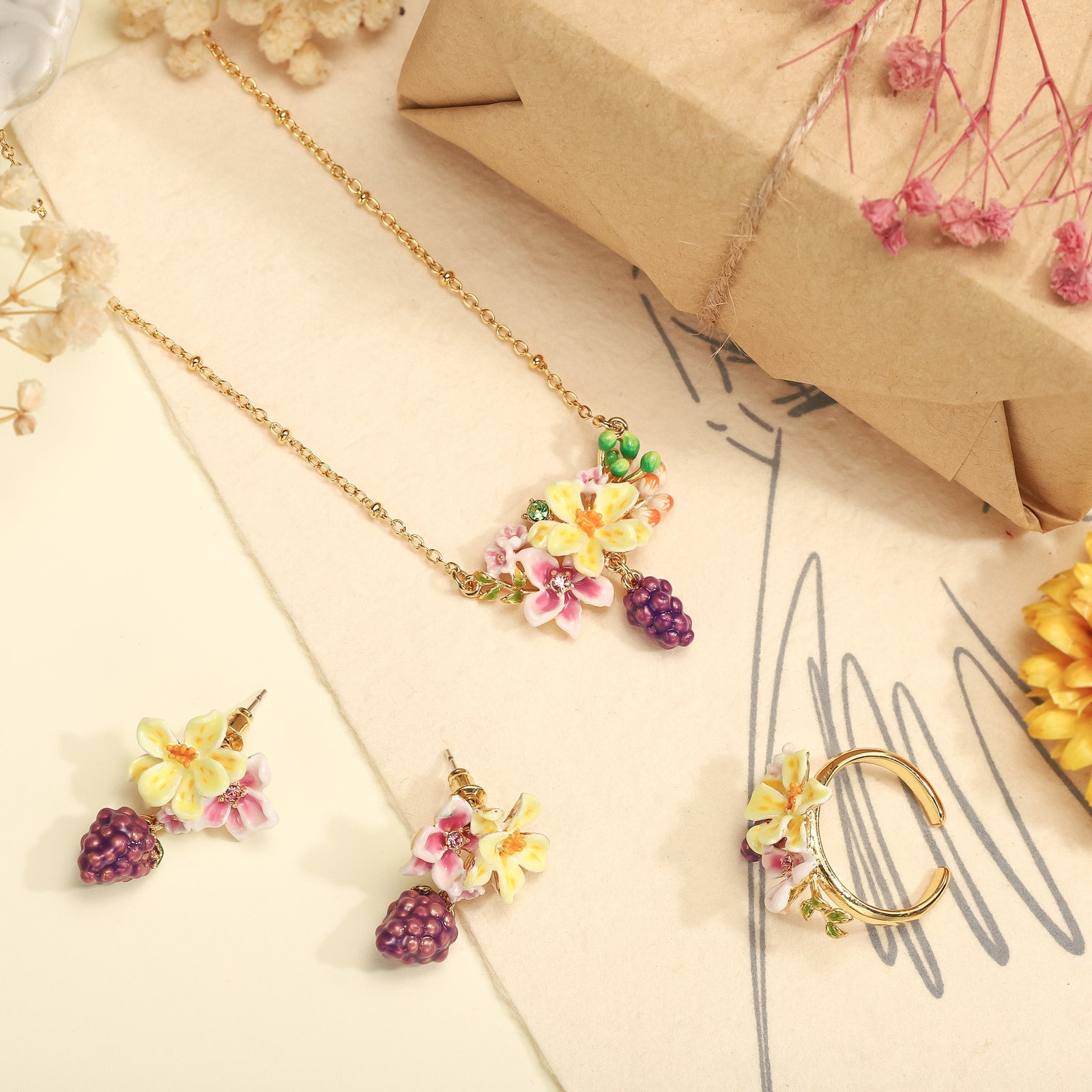 Sweet Grape Flower Enamel Earrings Jewelry Set