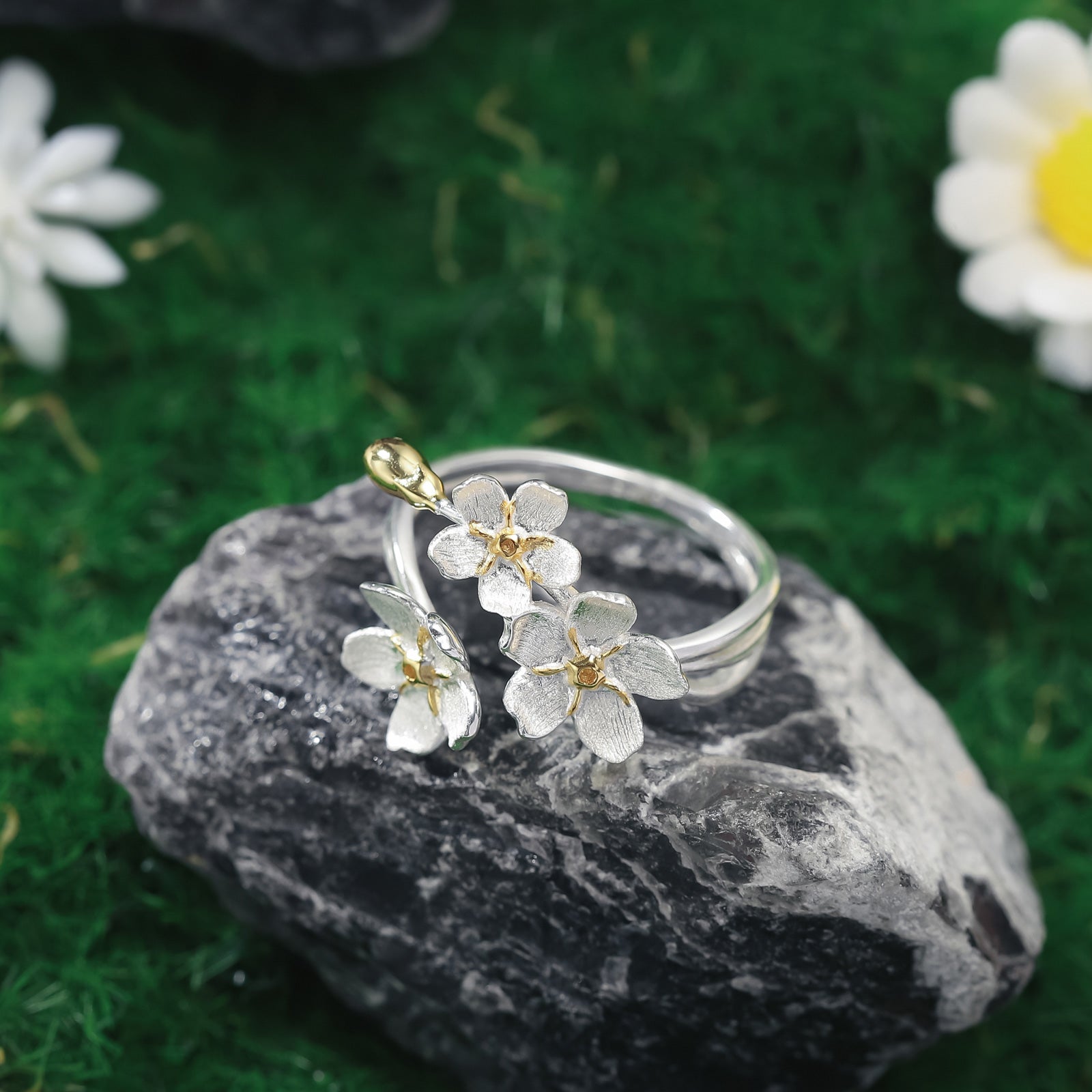 Forget-Me-Not Flowers Sterling Silver Ring Jewelry Set
