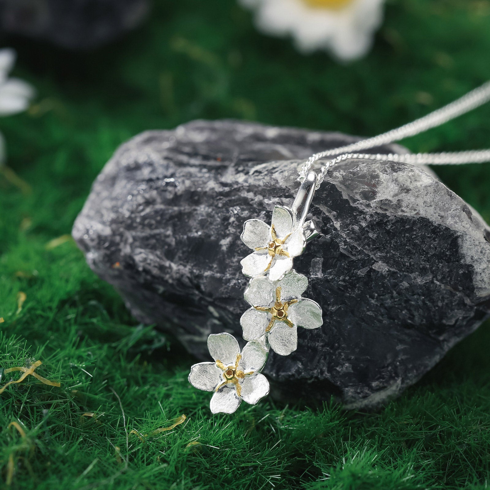 Forget-Me-Not Flowers Sterling Silver Necklace Jewelry Set