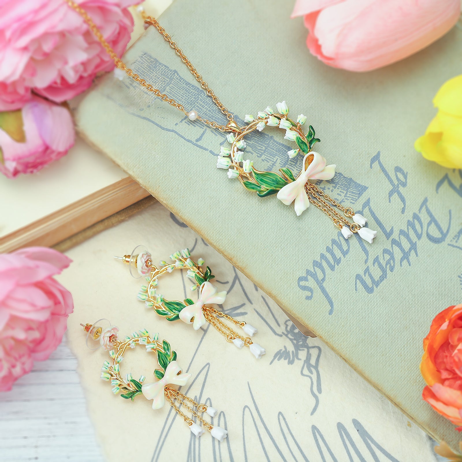 Lily Of The Valley Bow Necklace and Earrings