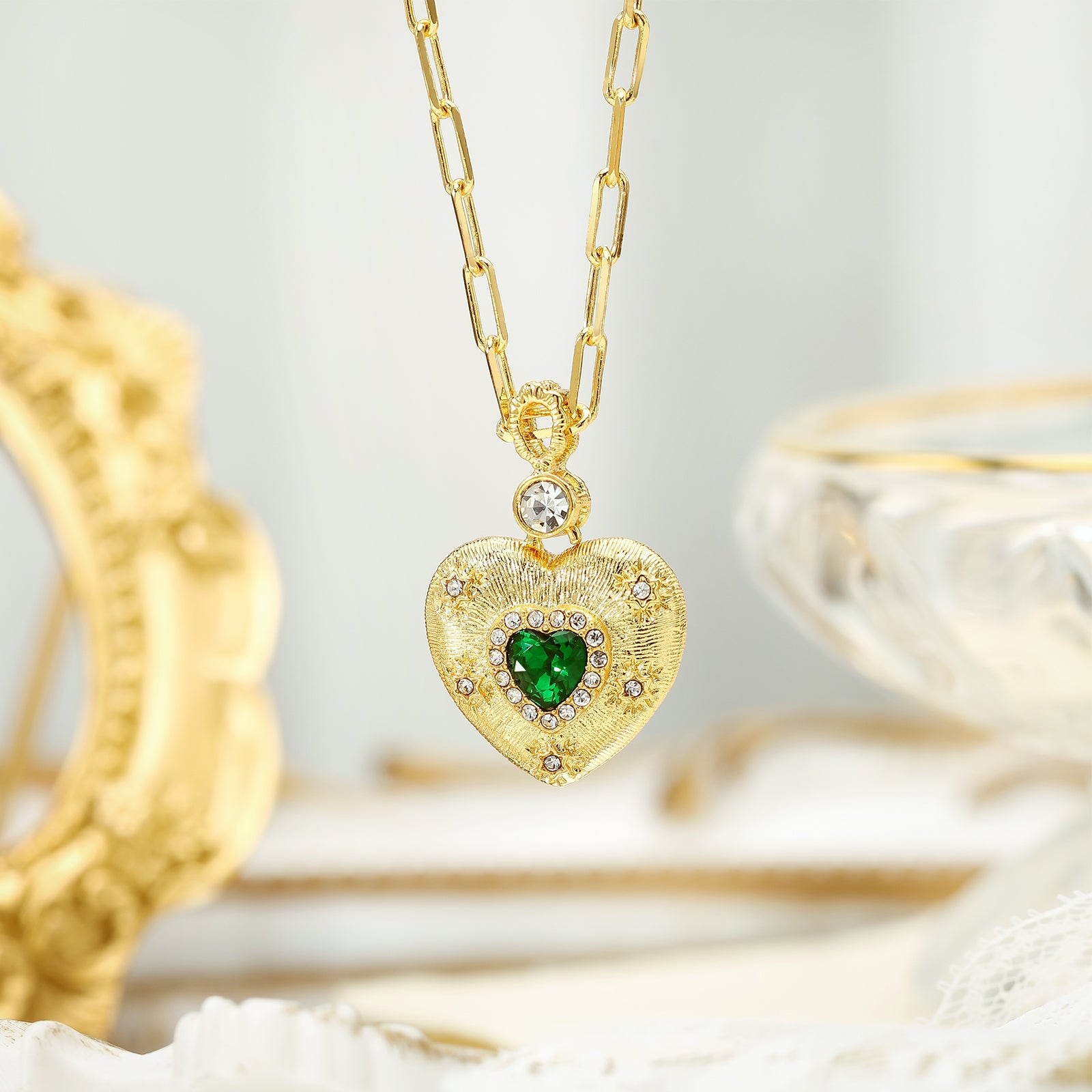 Emerald Mini Gold Heart Necklace