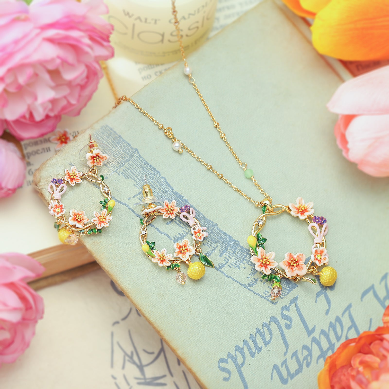 Orange Garland Necklace and Earrings