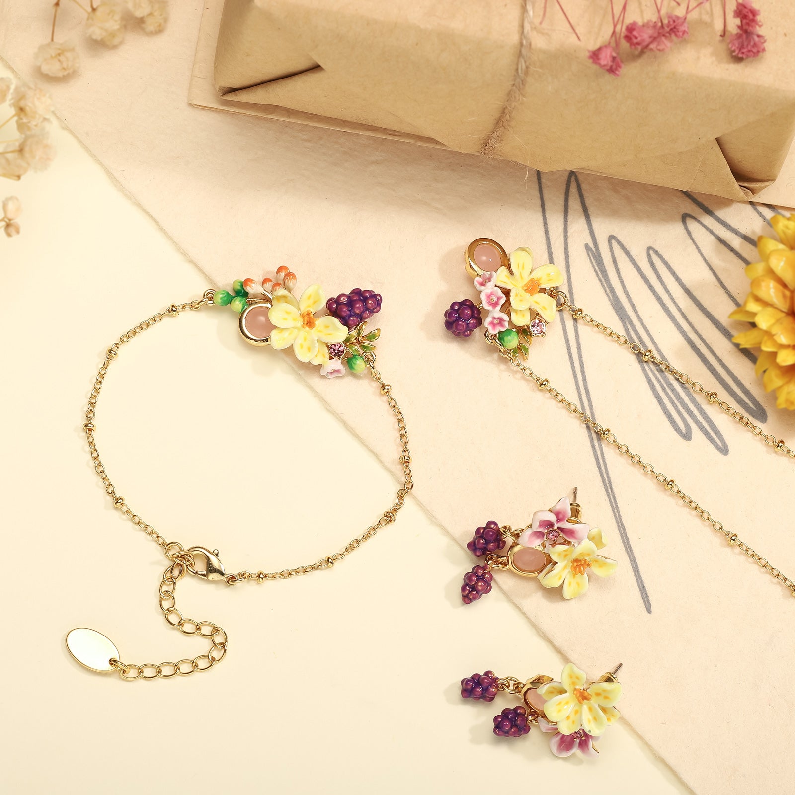 Sweet Grapes Flower Gold Stud Earrings Jewelry Set