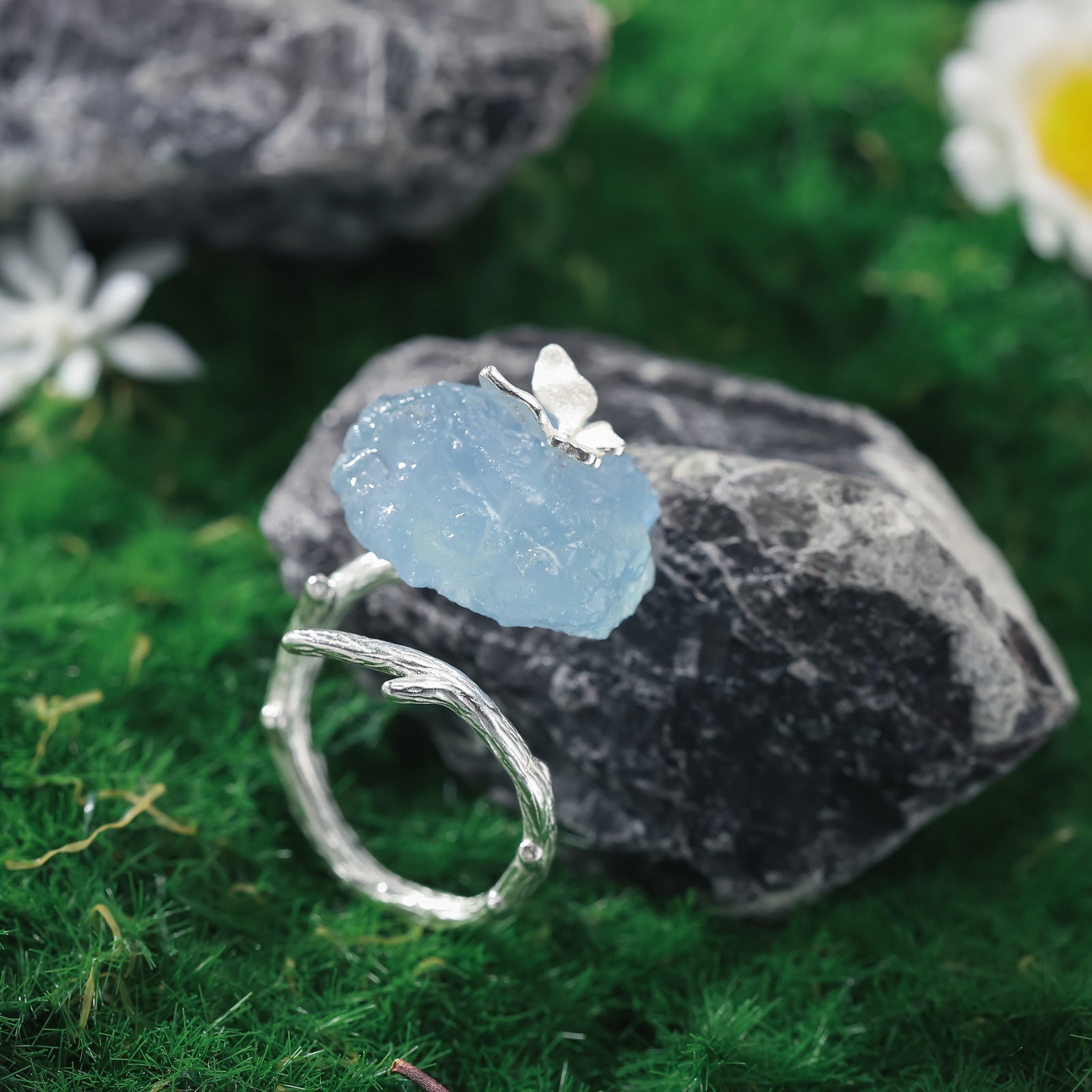 Aquamarine Butterfly Open Ring