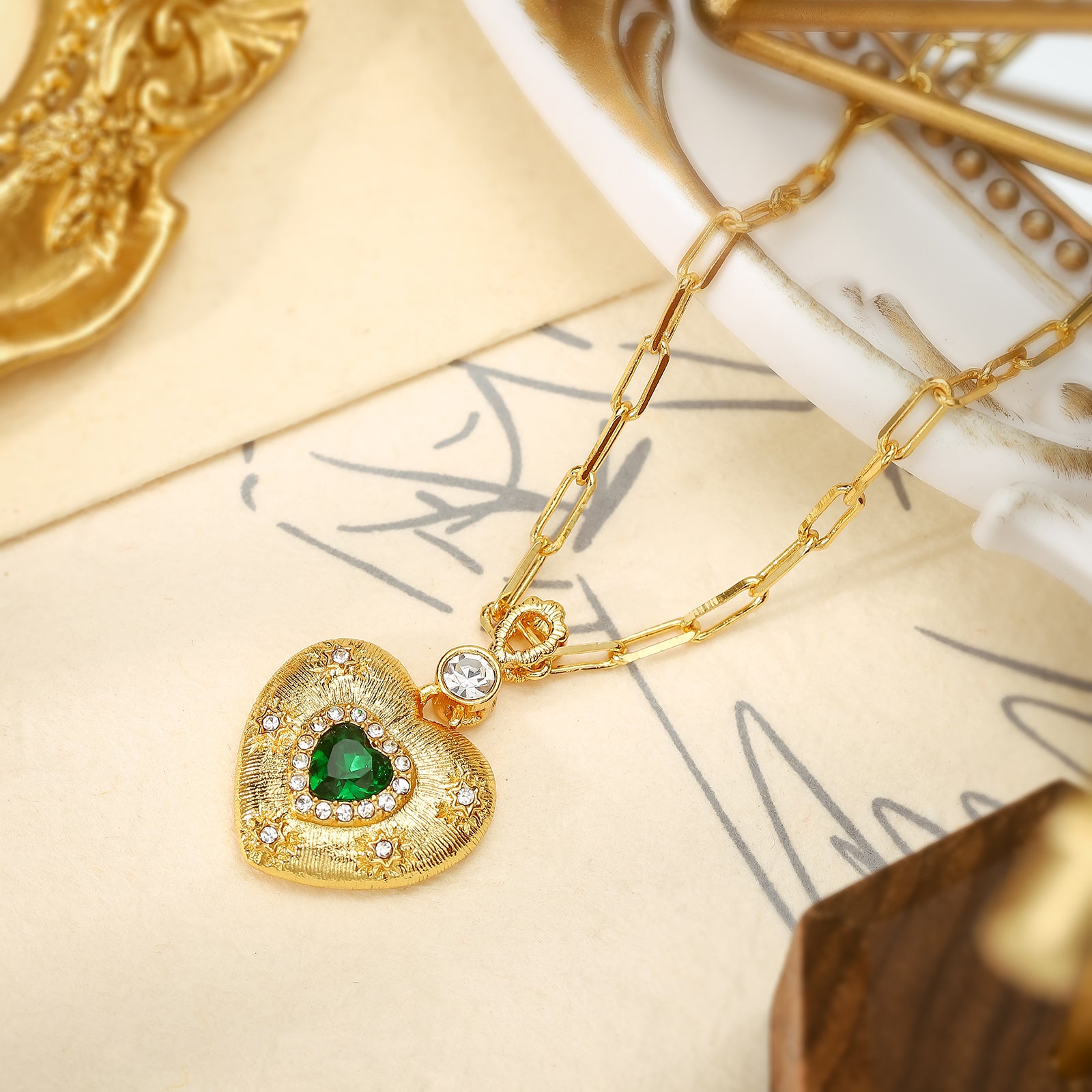 Emerald Mini Heart Gold Chain Necklace