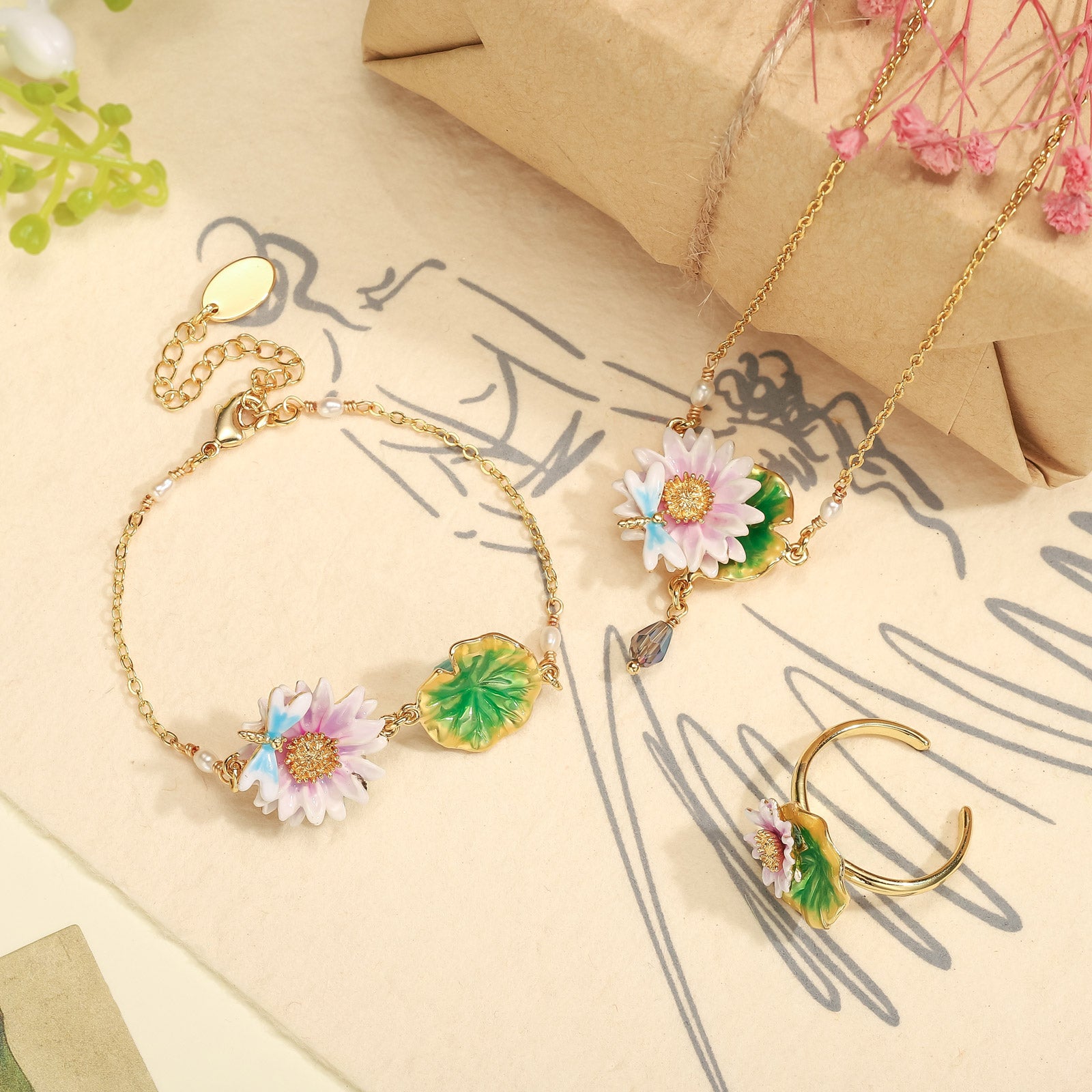 Lotus Dragonfly Bracelet Jewelry Set