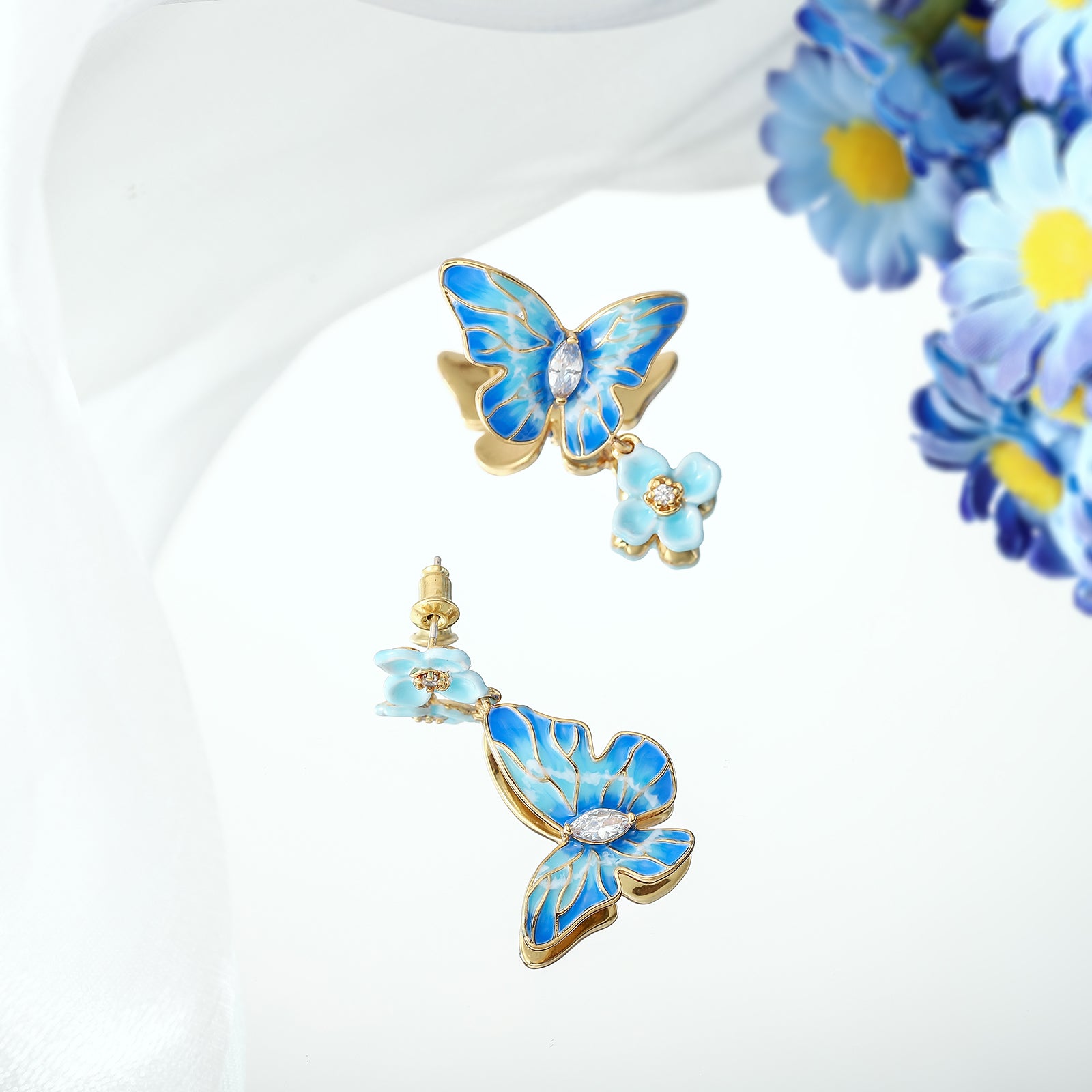 Blue Morpho Butterfly Flower Earrings Gift Set with Gift Wrapping