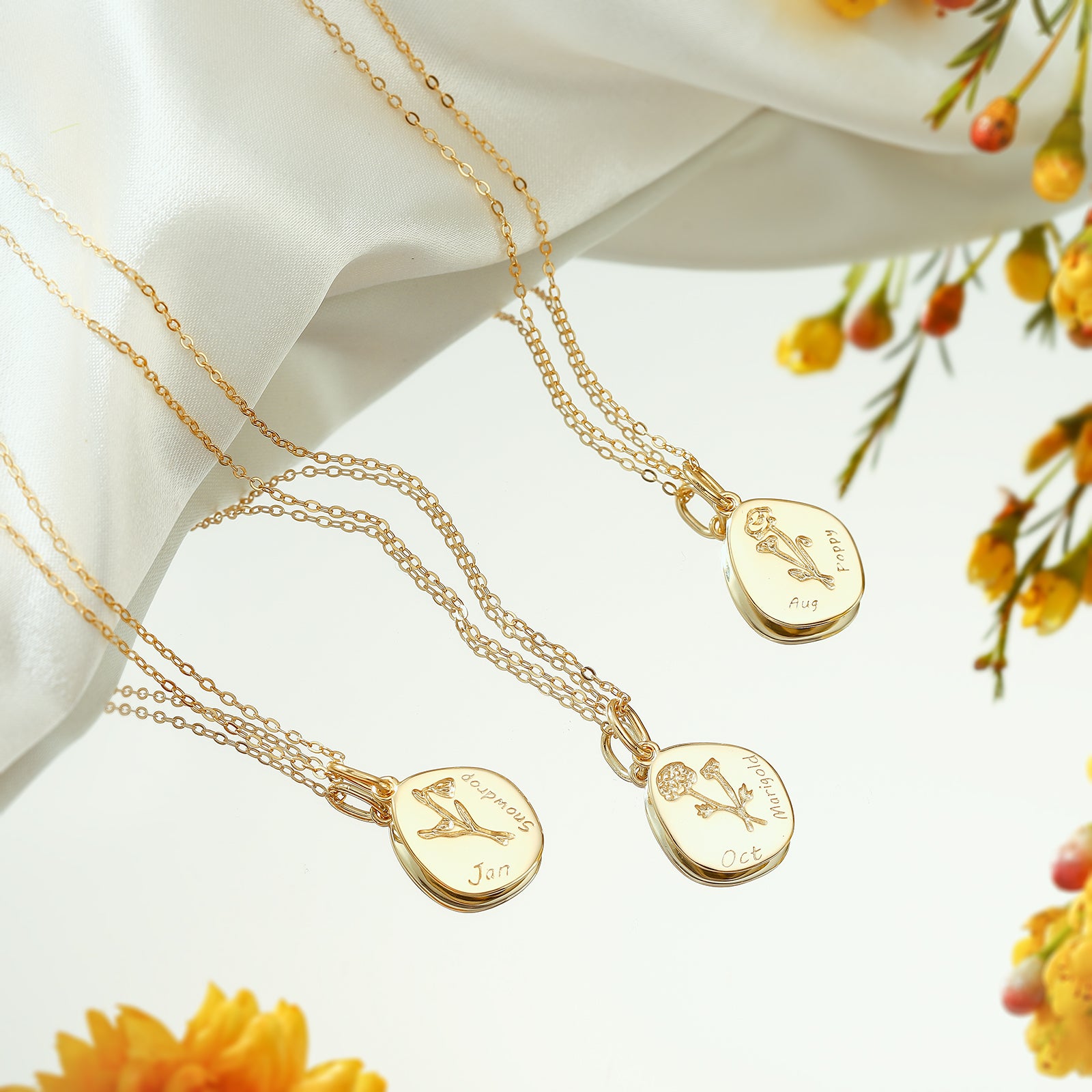 Silver Birth Flower Necklace Set
