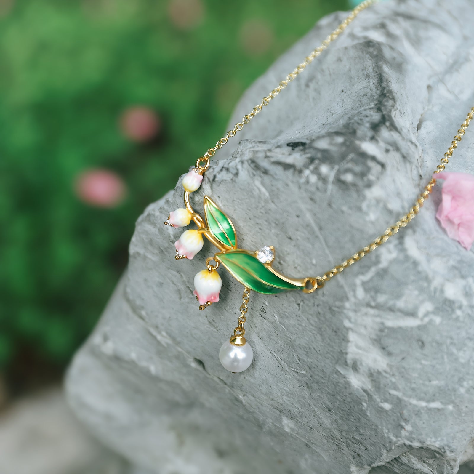 Lily Of The Valley Pearl Enamel Necklace