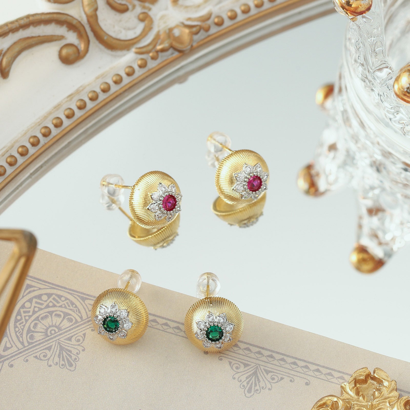 Emerald Flower Earrings Set