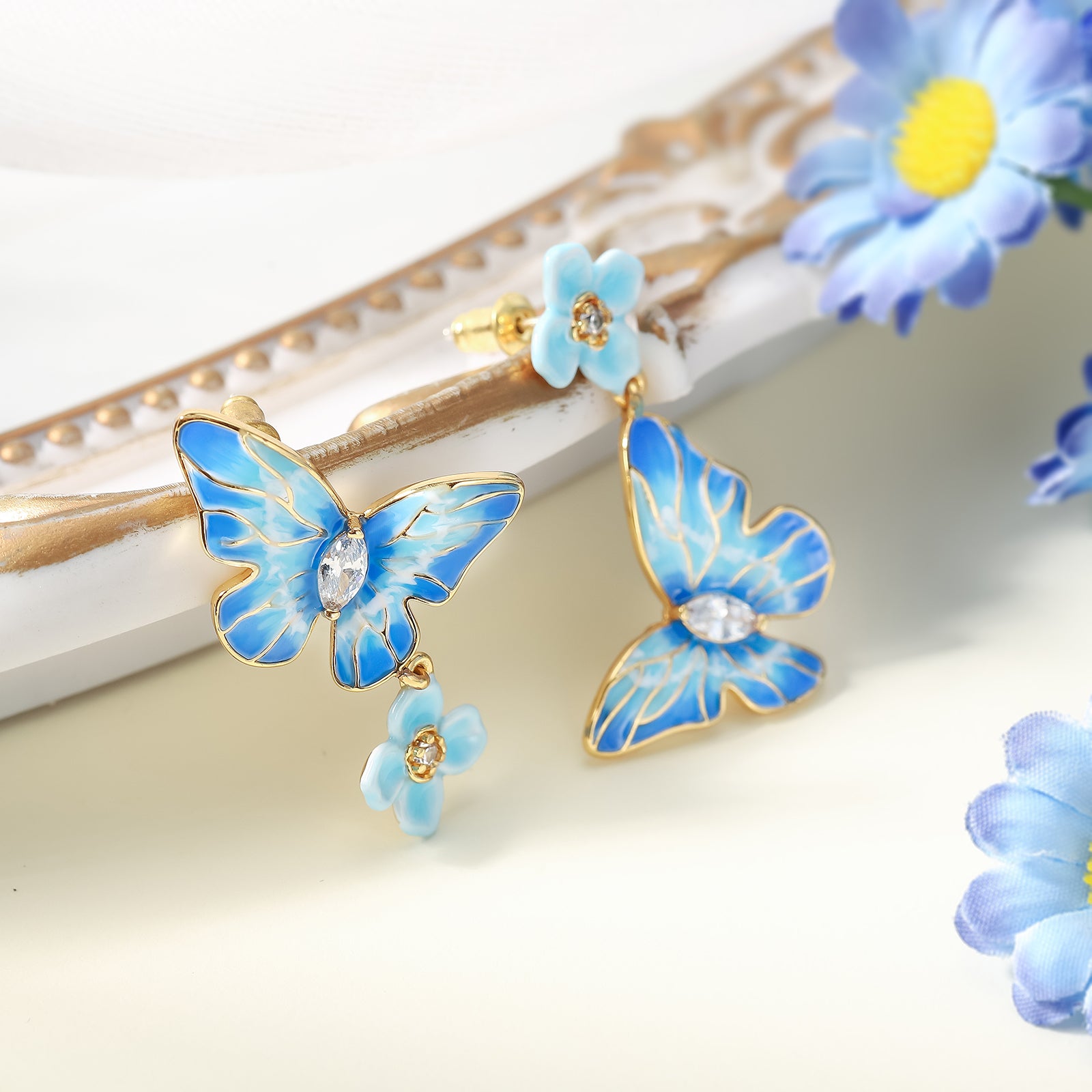 Blue Morpho Butterfly Asymmetry Earrings Gift Set with Gift Wrapping