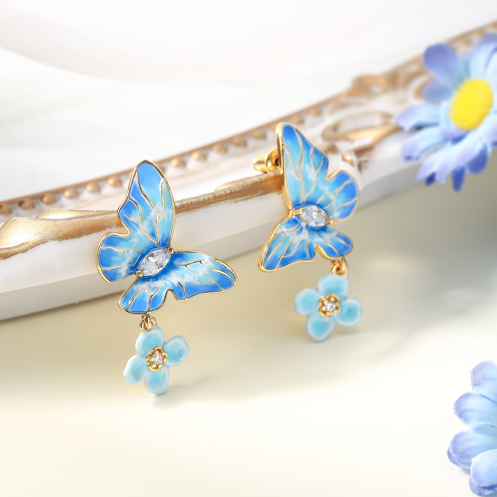 Blue Morpho Butterfly 18k Gold Earrings