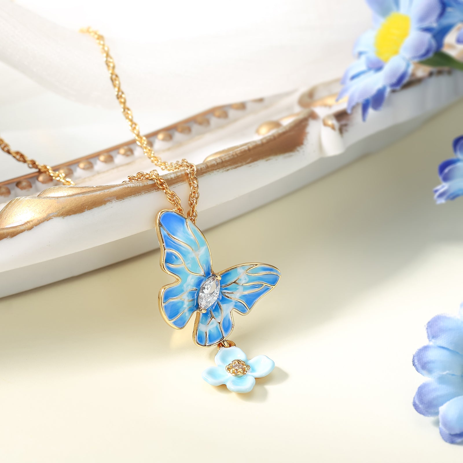 Blue Morpho Butterfly Enamel Necklace