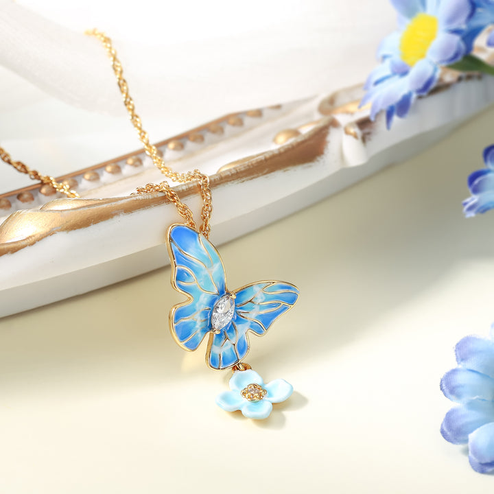 Blue Morpho Butterfly Enamel Necklace Gift Set with Gift Wrapping