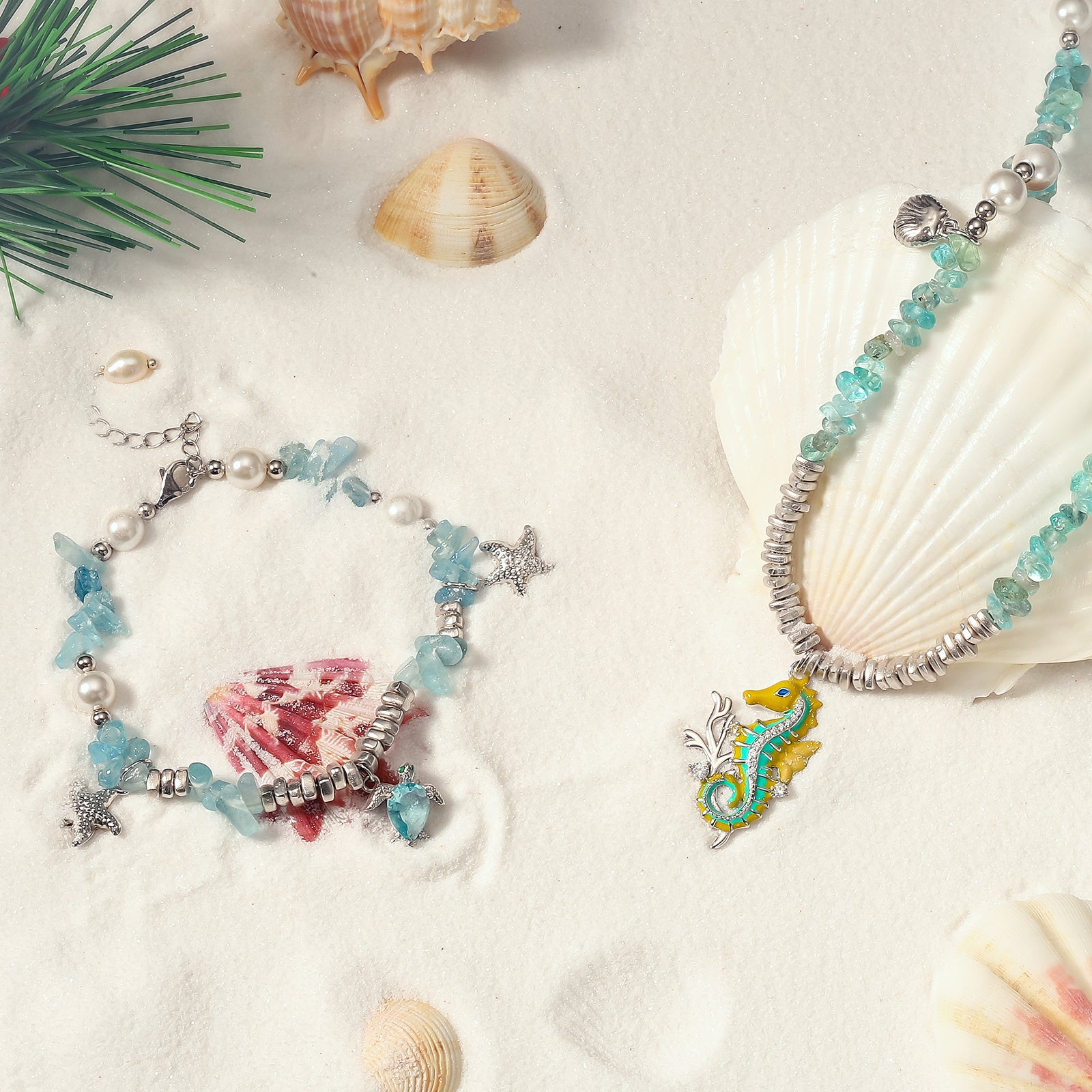 Slivery Turtle Starfish Pearl Bracelet Necklace