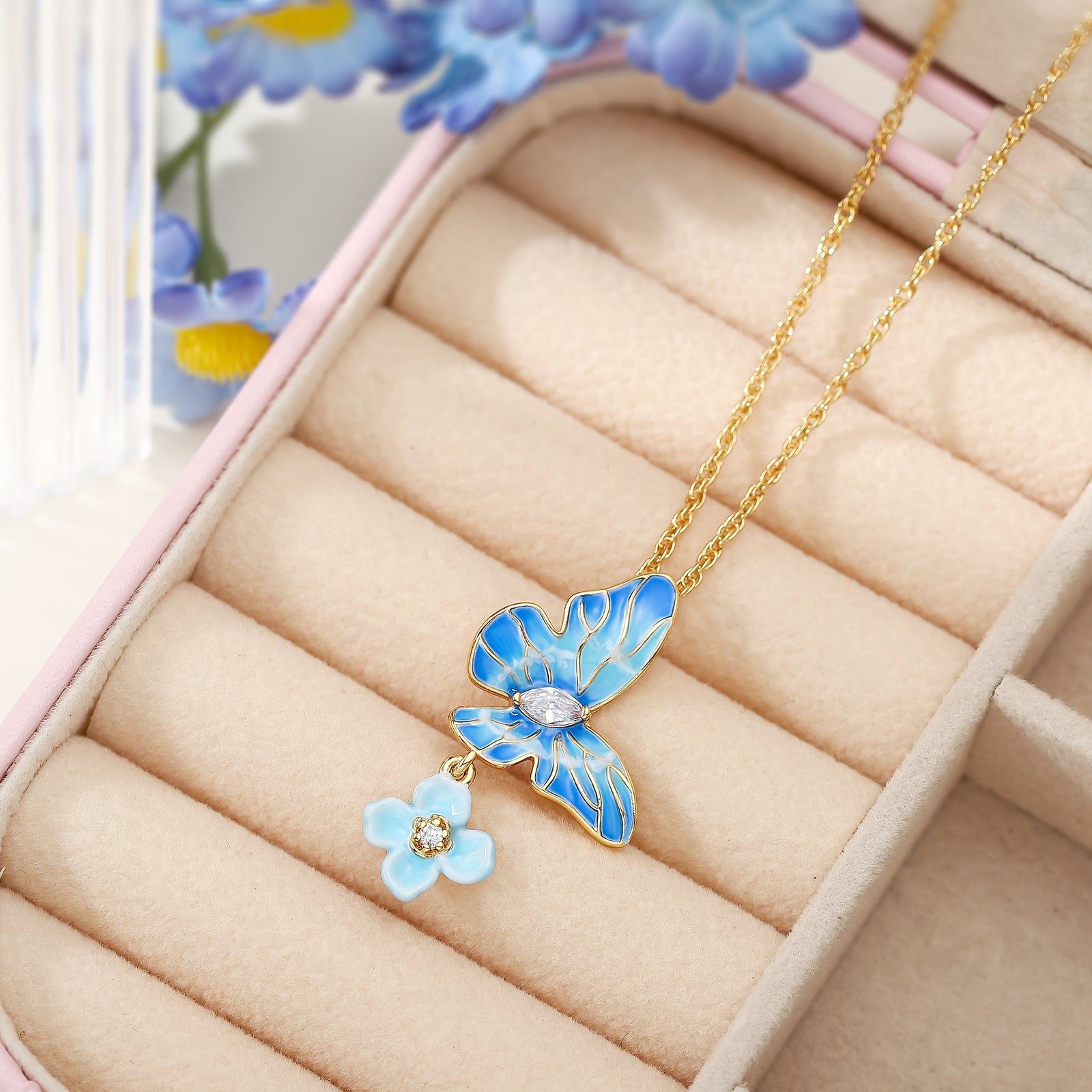 Blue Morpho Butterfly Enamel Necklace Nature Jewelry