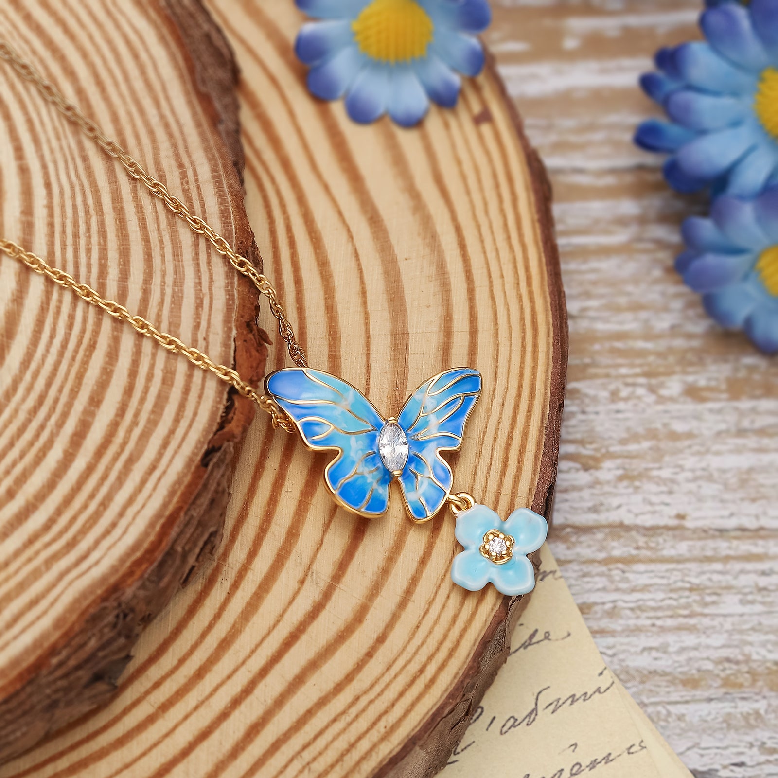 Blue Morpho Butterfly Gold Necklace Gift Set with Gift Wrapping