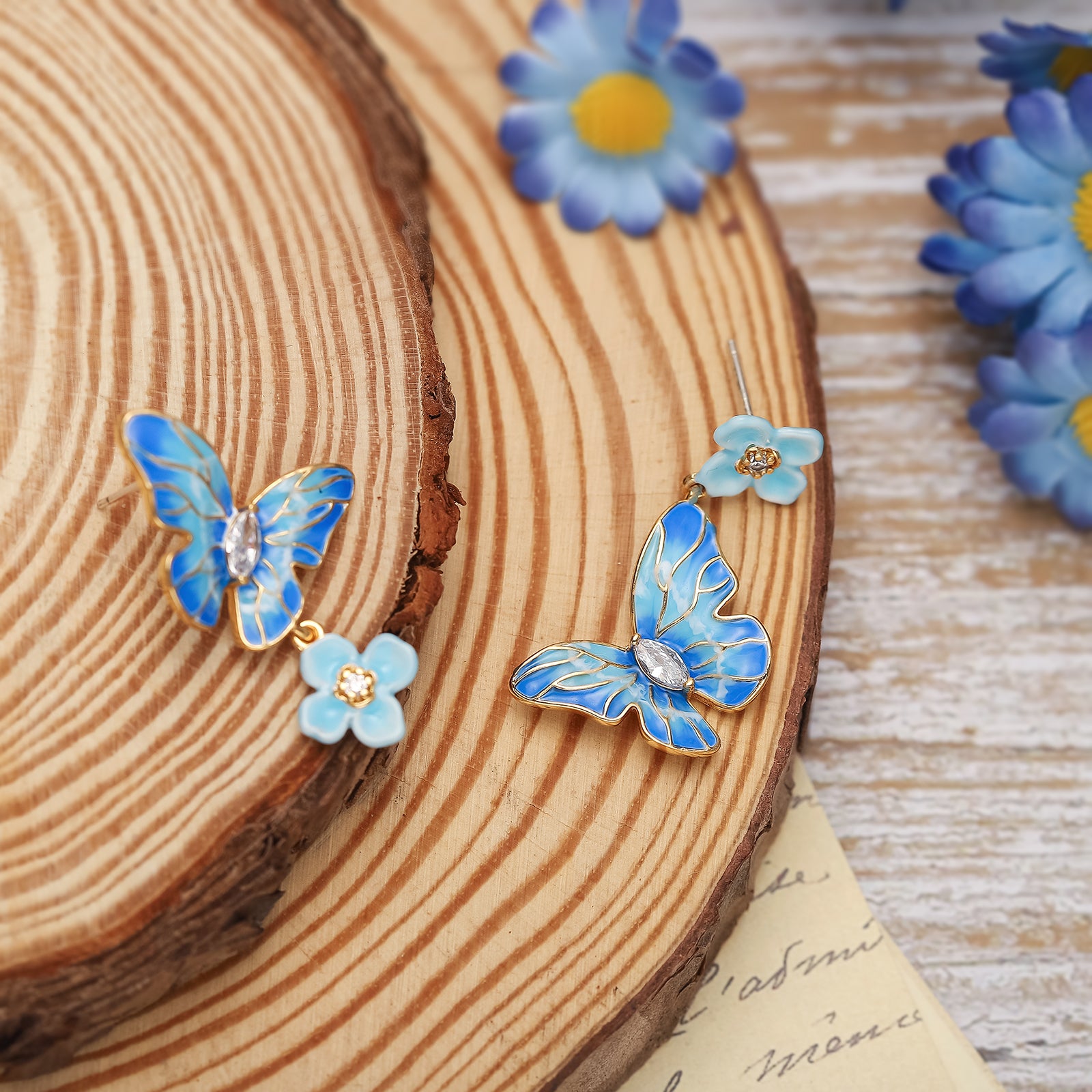 Blue Morpho Butterfly 18k Gold Earrings Gift Set with Gift Wrapping