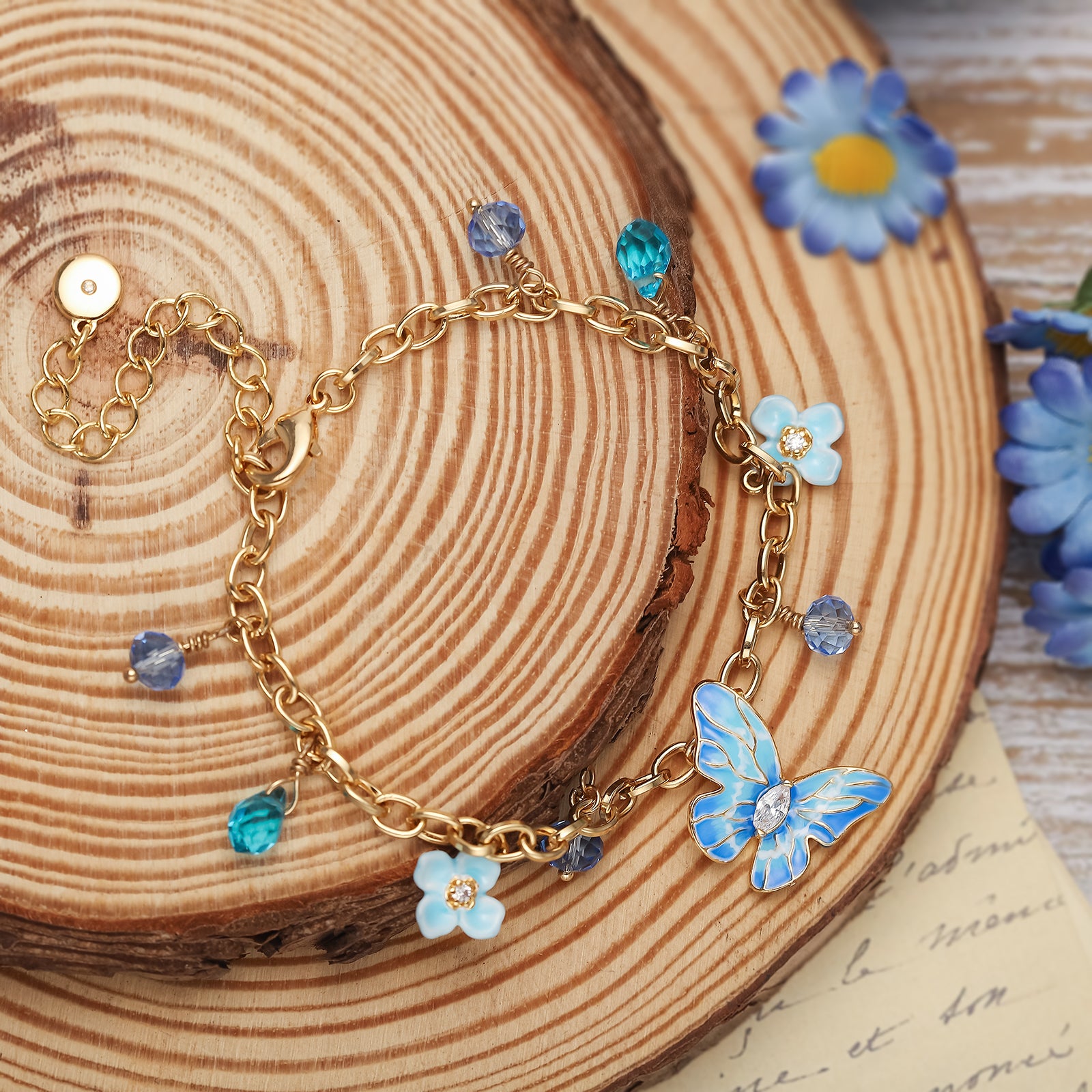 Blue Morpho Butterfly Gold Bracelet Gift Set with Gift Wrapping