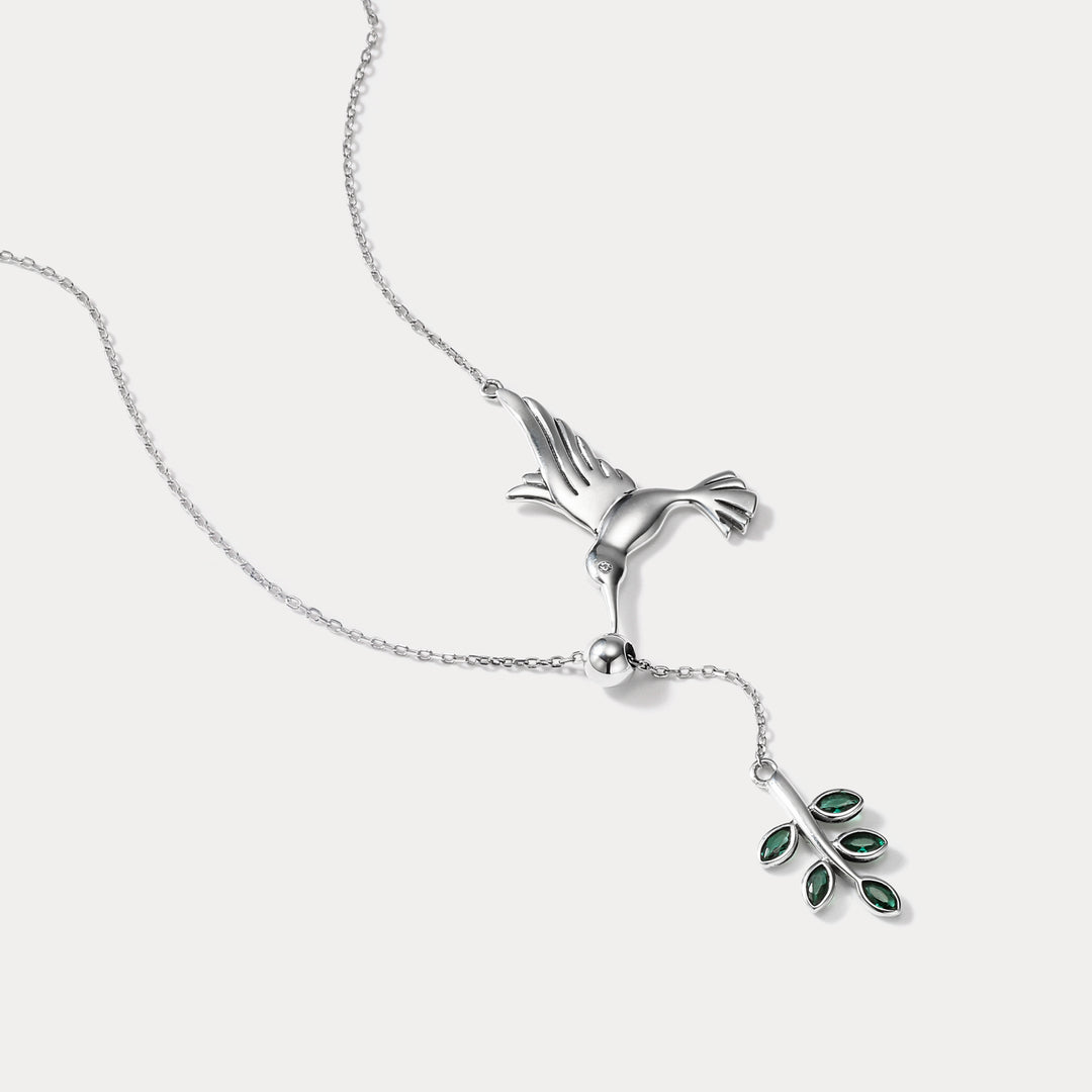 925 Sterling Silver Hummingbird & Olive Branch Necklace