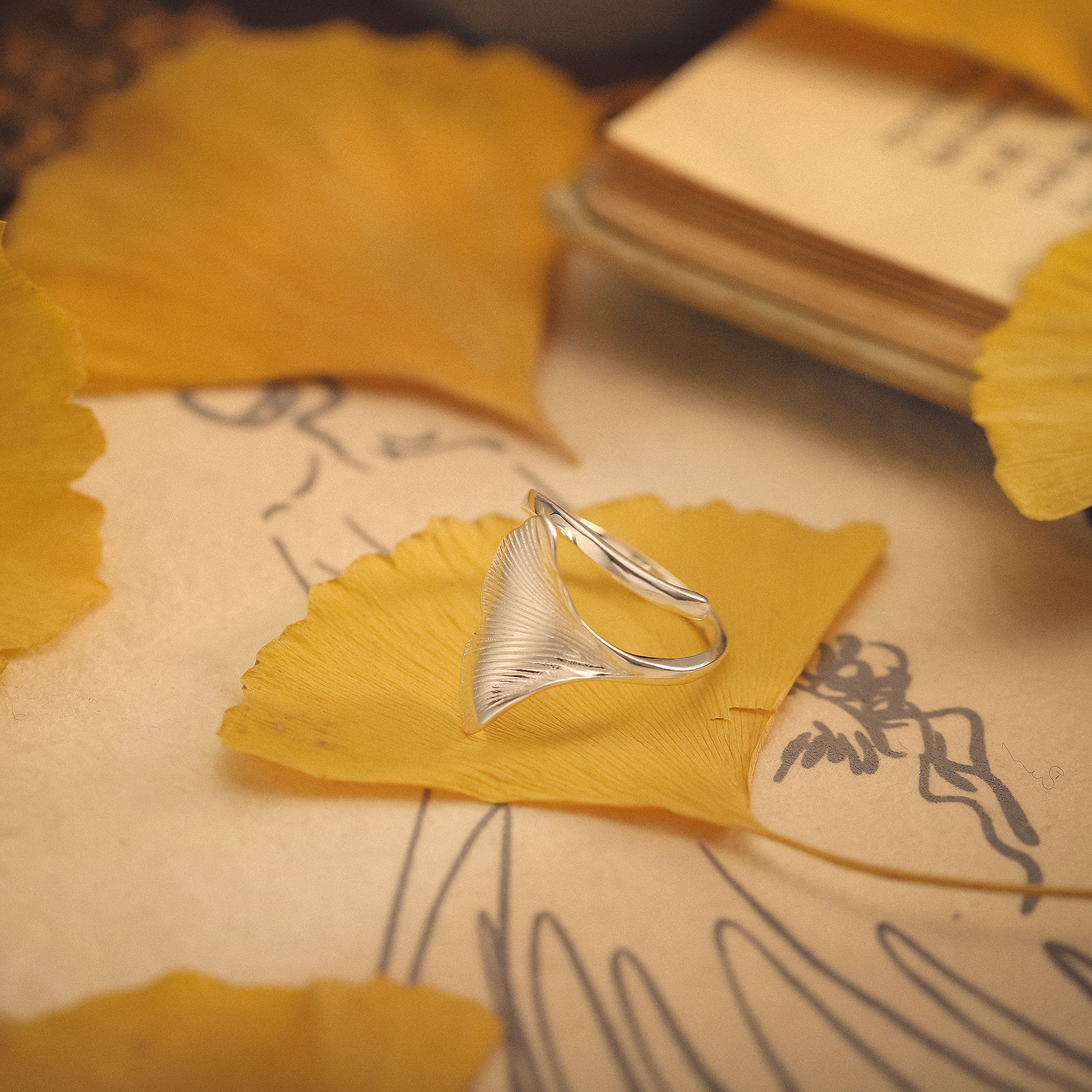 Silver Ginkgo Leaf Adjustable Ring