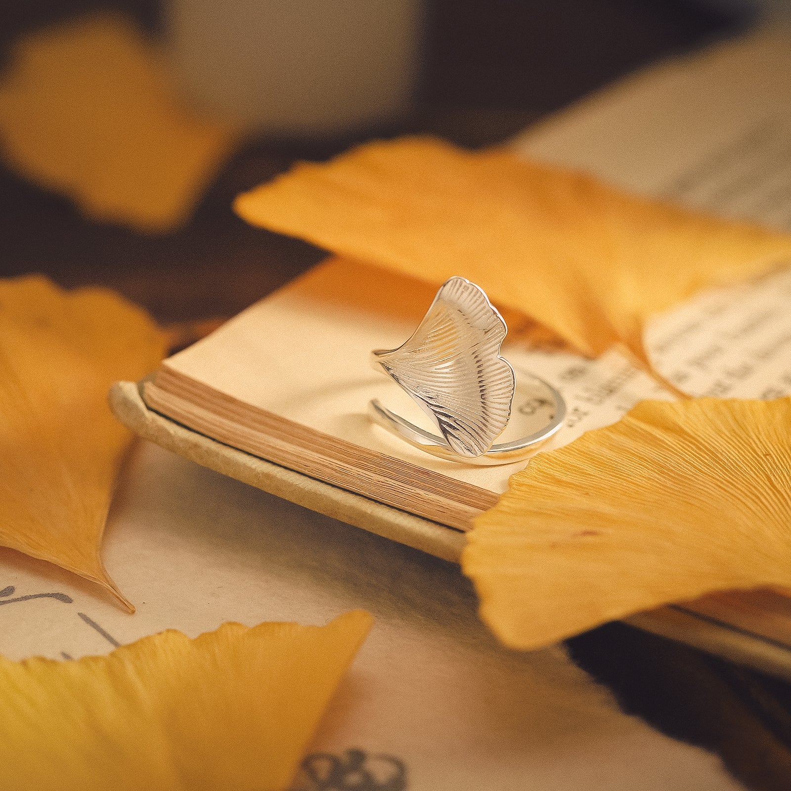 Silver Ginkgo Leaf Nature Engagement Ring