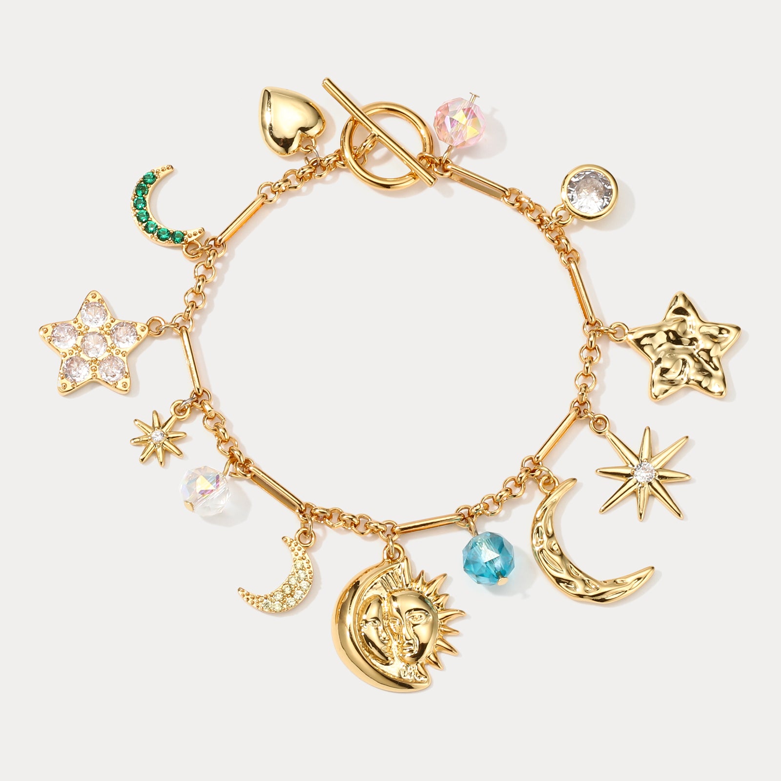 Selenichast Gold Moon And Star Mixed Charm Bracelet With Toggle Clasp For Women
