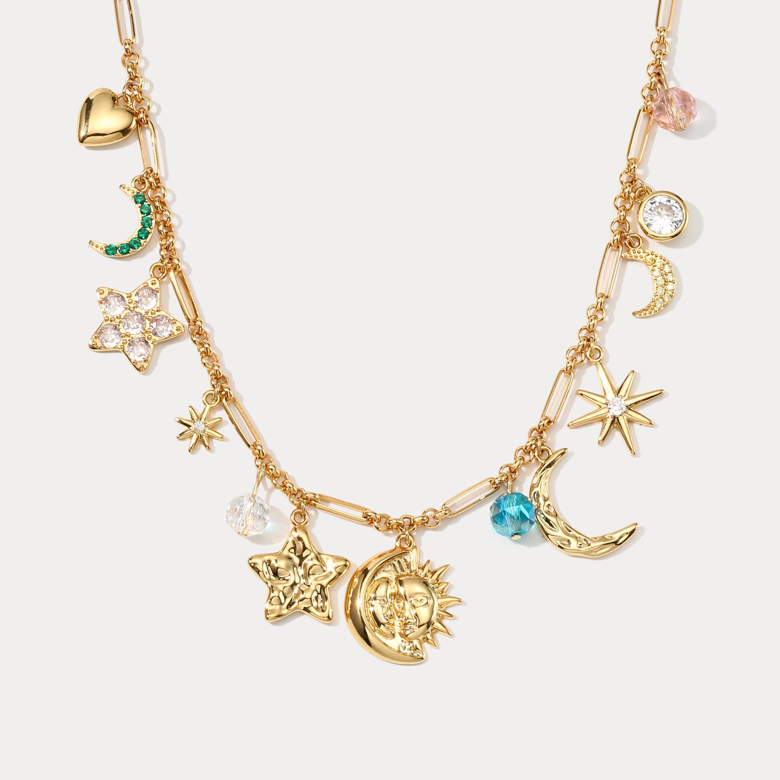 Selenichast  Gold Moon And Star Mixed Charm Necklace For Women
