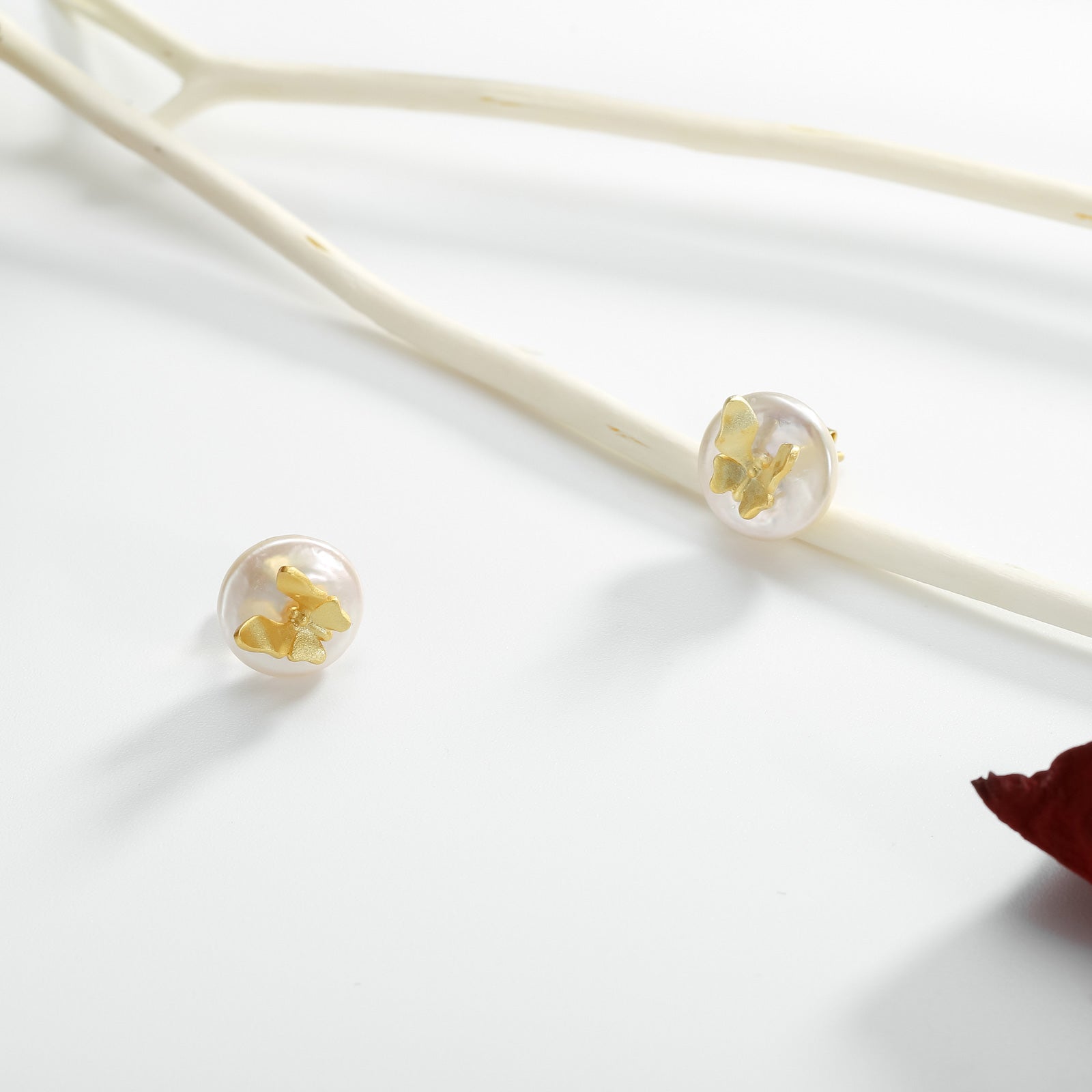 Gold Butterfly Pearl Stud Earrings