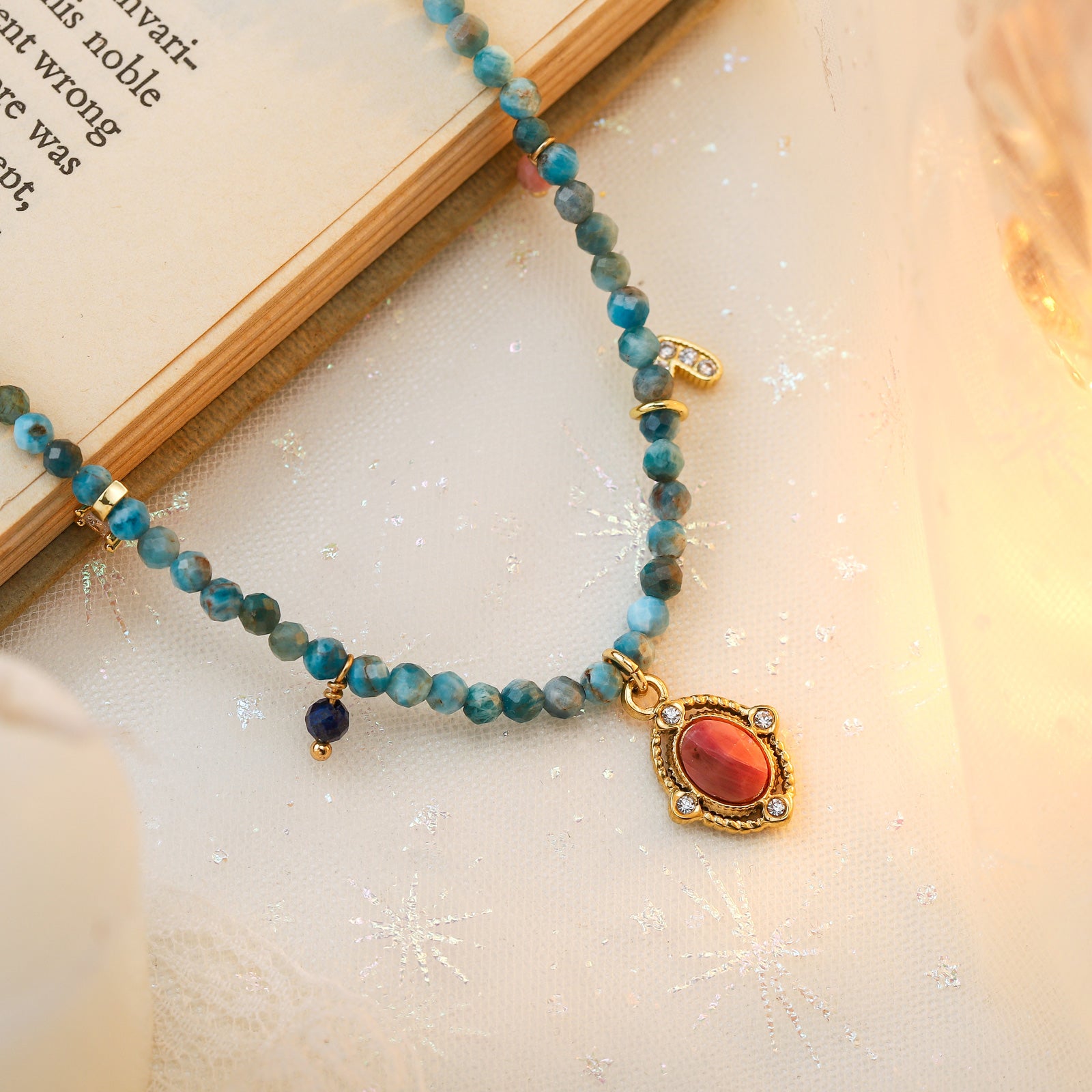 Vintage Oval Red Agate Pendant With Lapis Lazuli Beaded Chain