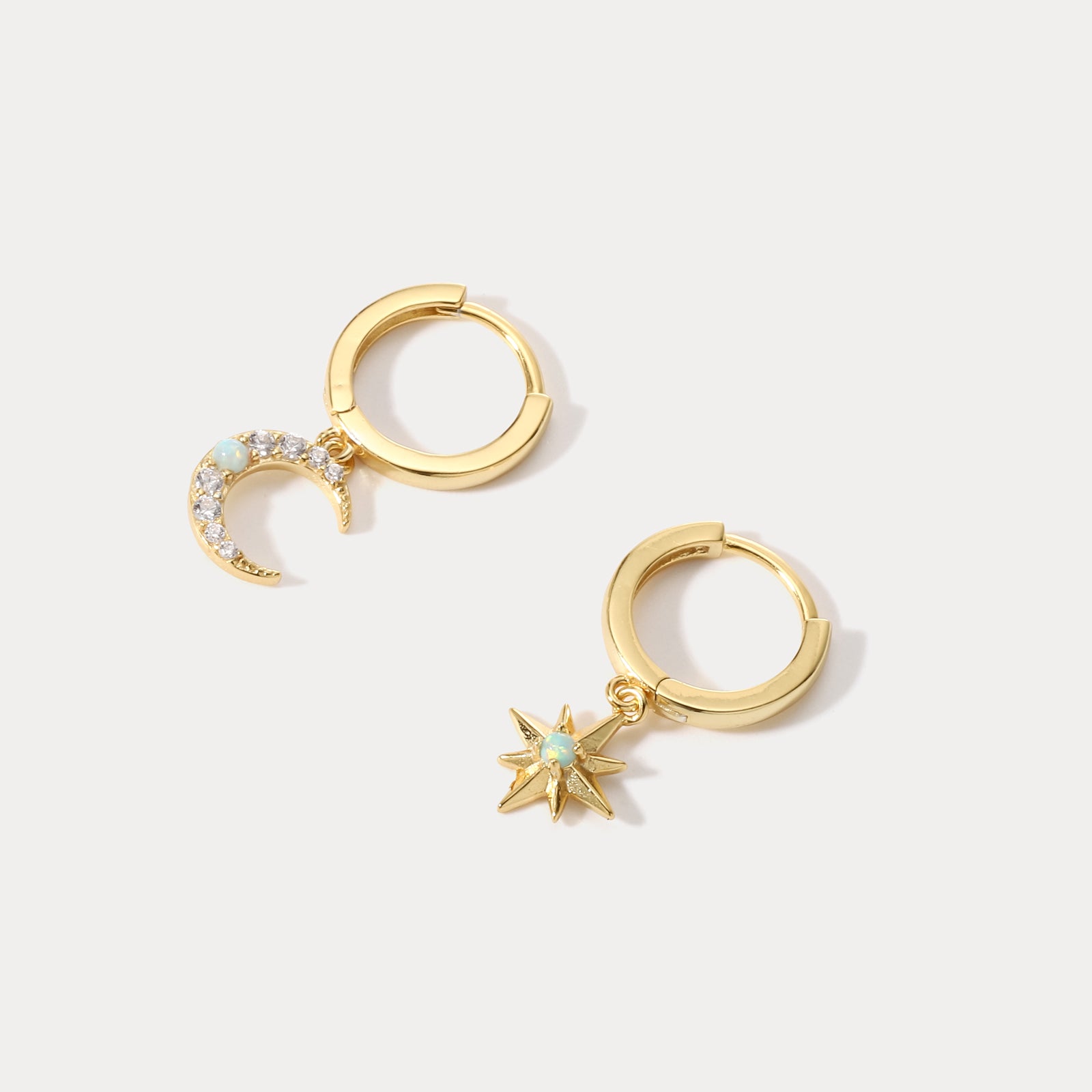 Opal Crescent Star Diamond Earrings