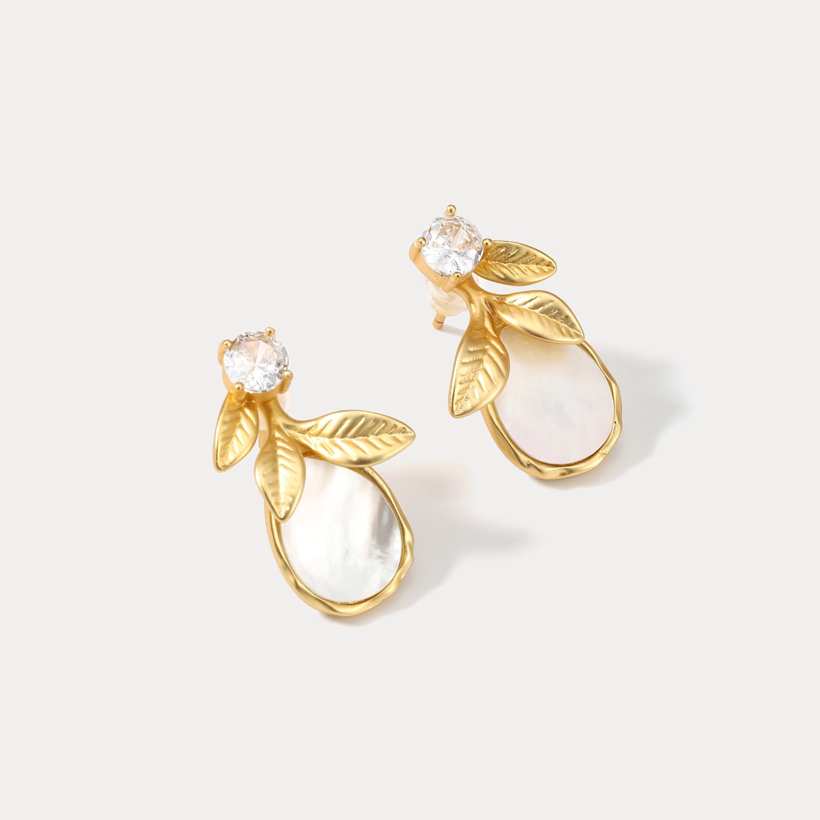 Zircon Leaf Shell Stud Earrings Jewelry 