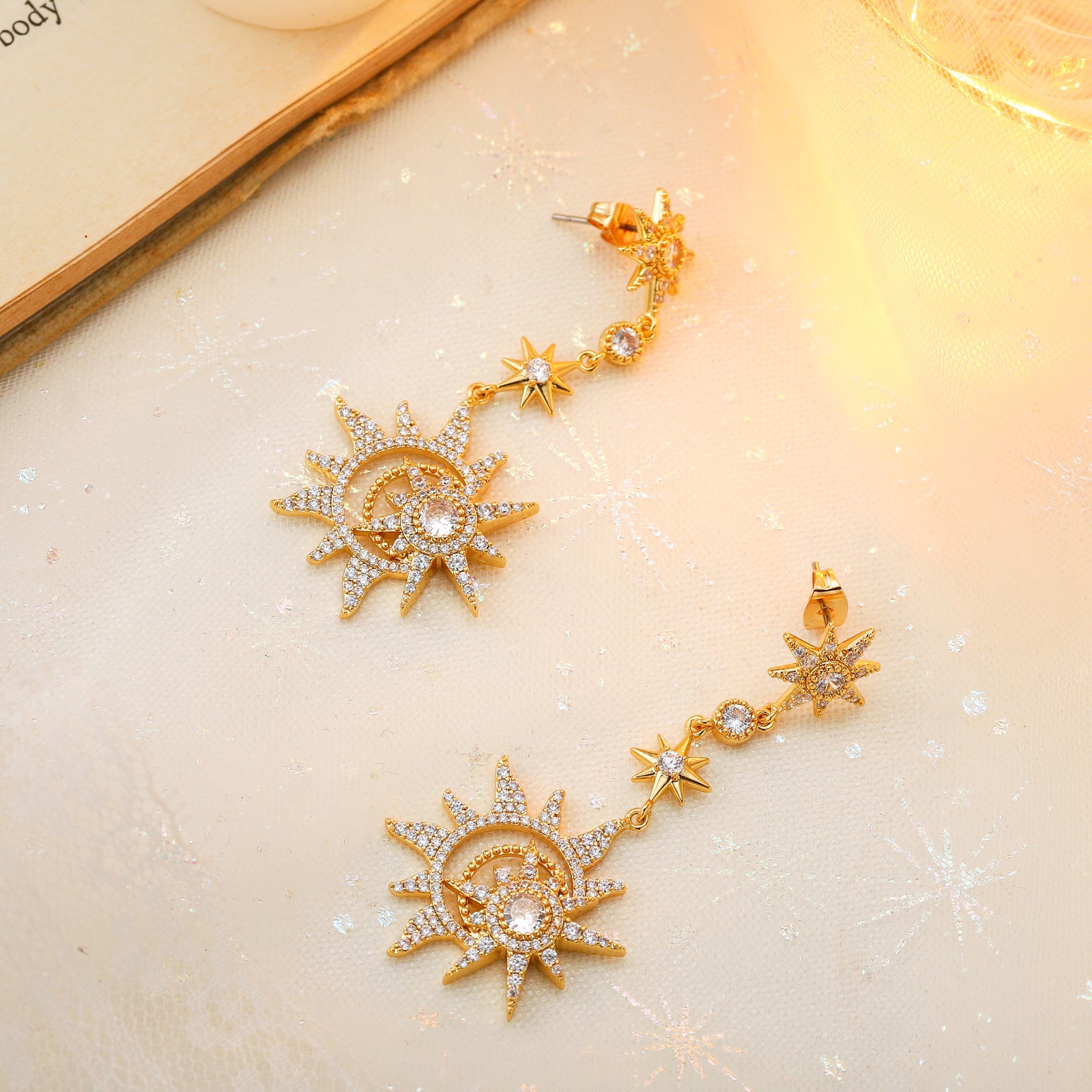 Gold Crescent Moon And Star Drop Earrings