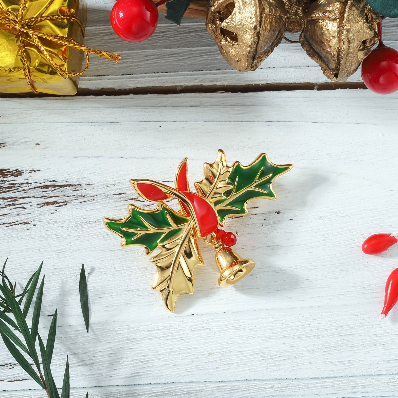 Christmas Holly Bell 18k Gold Brooch