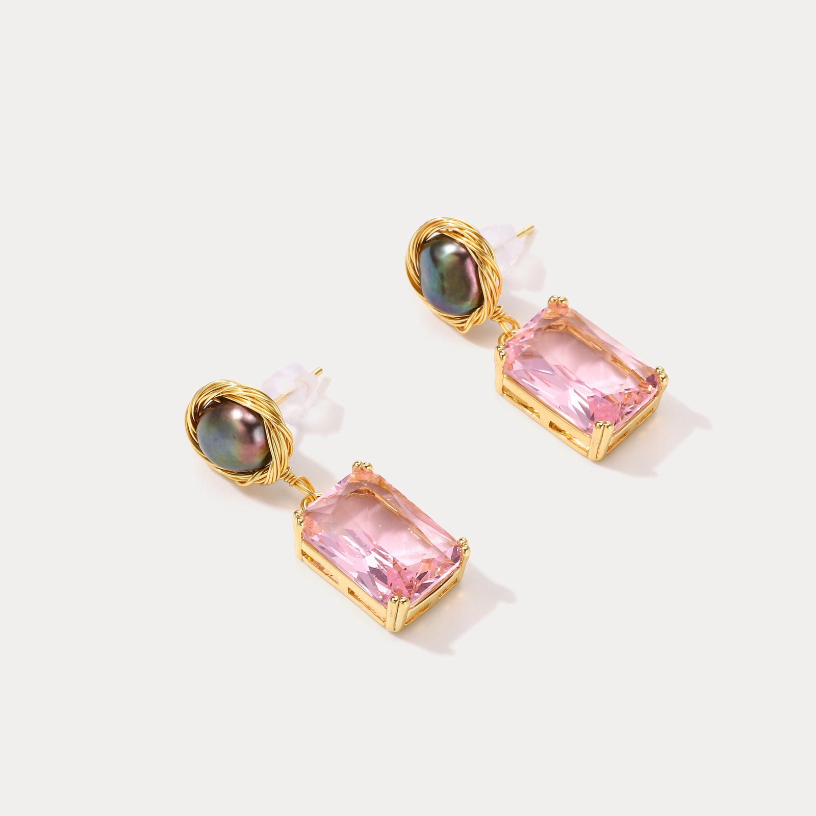 Pink Rectangle Crystal Pearl Earrings