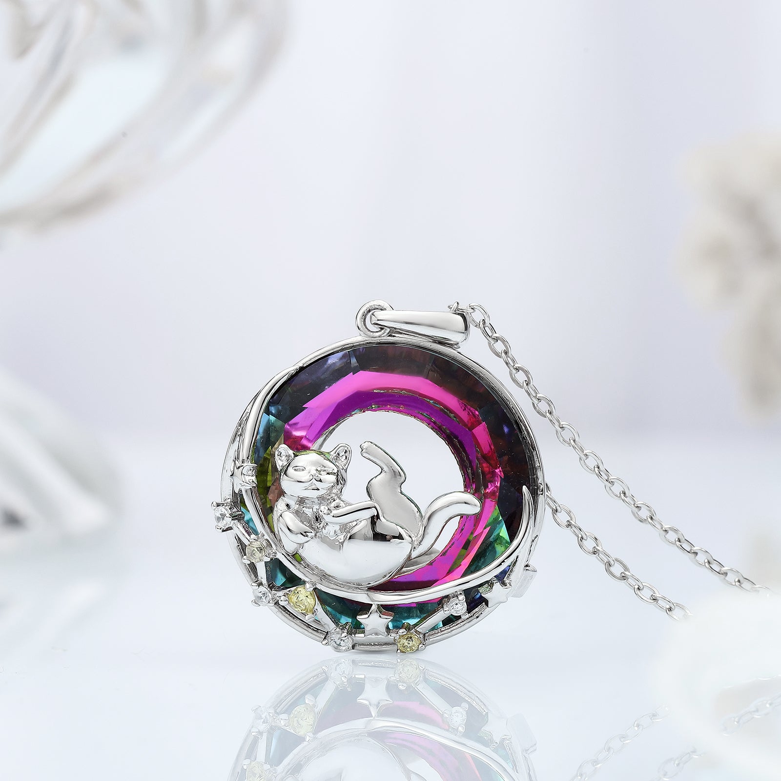 Rolling Cat On the Moon Sterling Silver Necklace