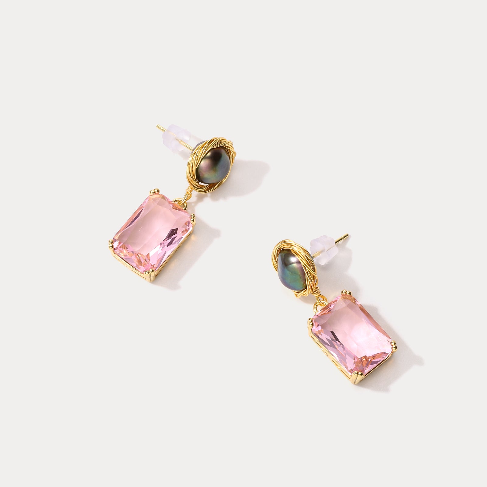 Pink Rectangle Pearl 18k Gold Earrings