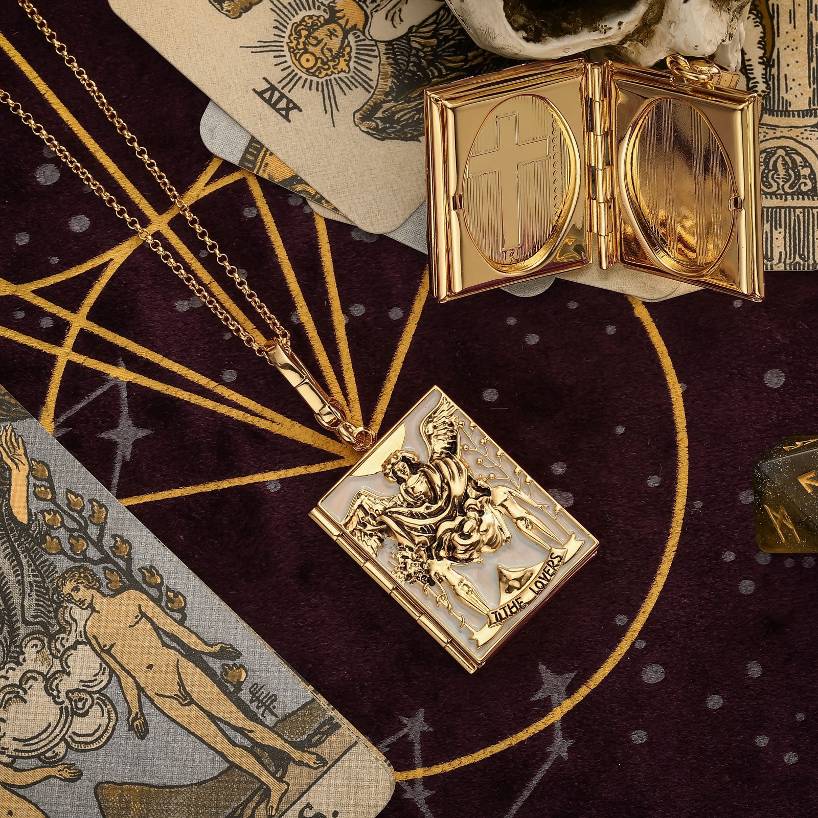 Tarot Locket Gold Necklace-The Lovers