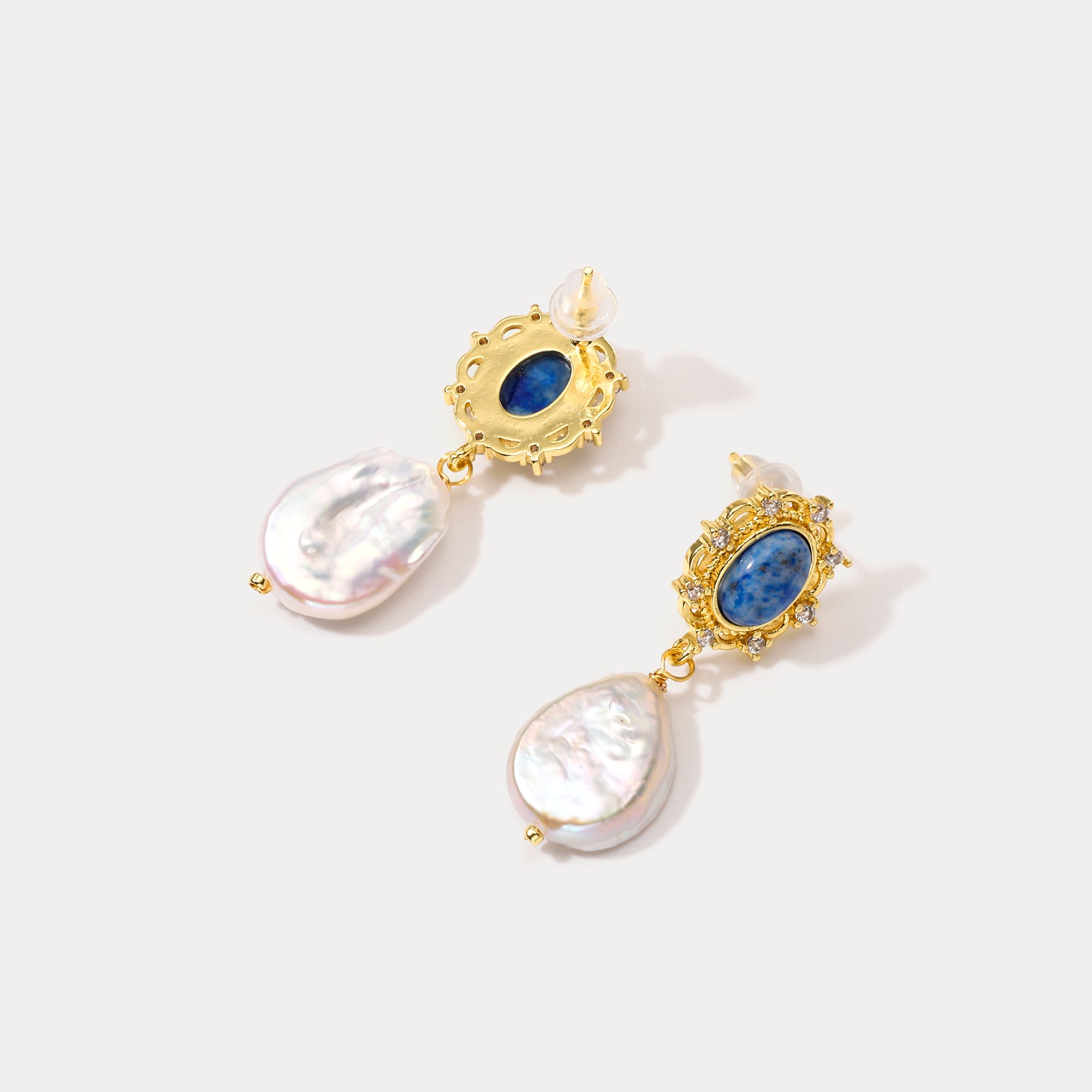 Vintage Sapphire Baroque Pearl Gold Earrings