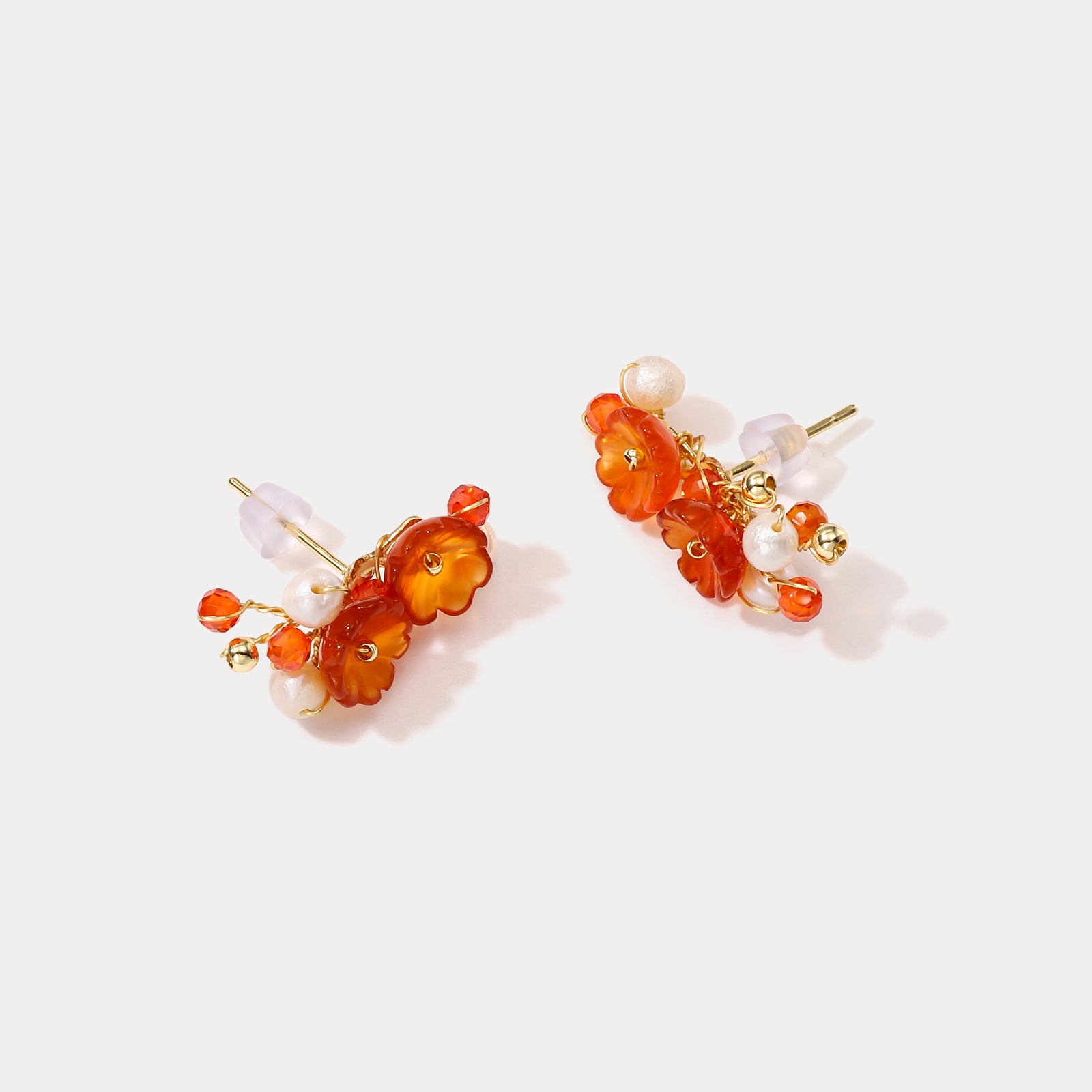 Orange Flower Pearl Gold Stud Earrings