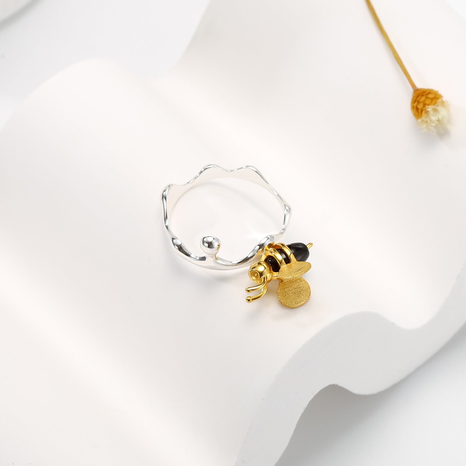 Bee & Dripping Honey Sterling Silver Ring