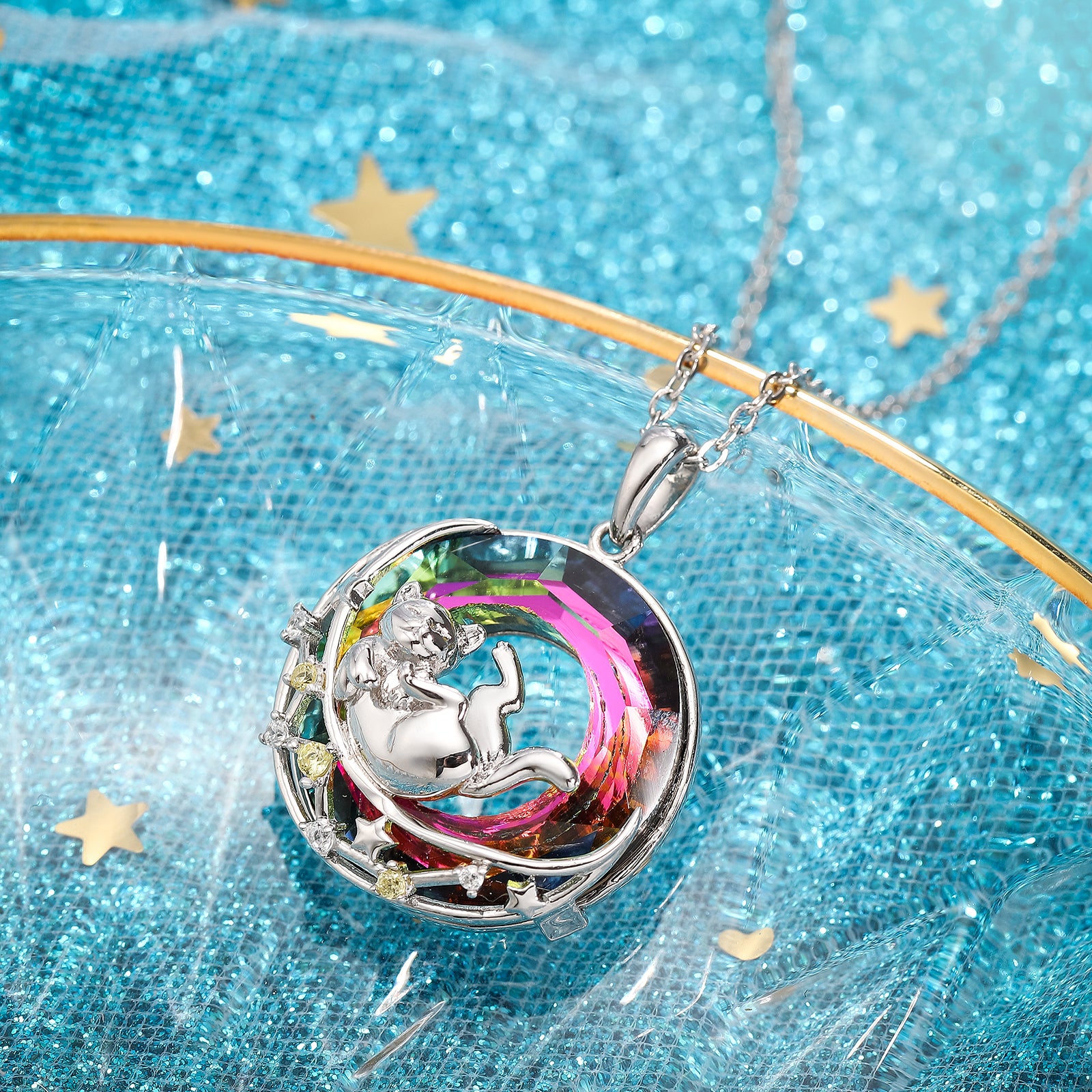Rolling Cat On the Moon Pendant Necklace