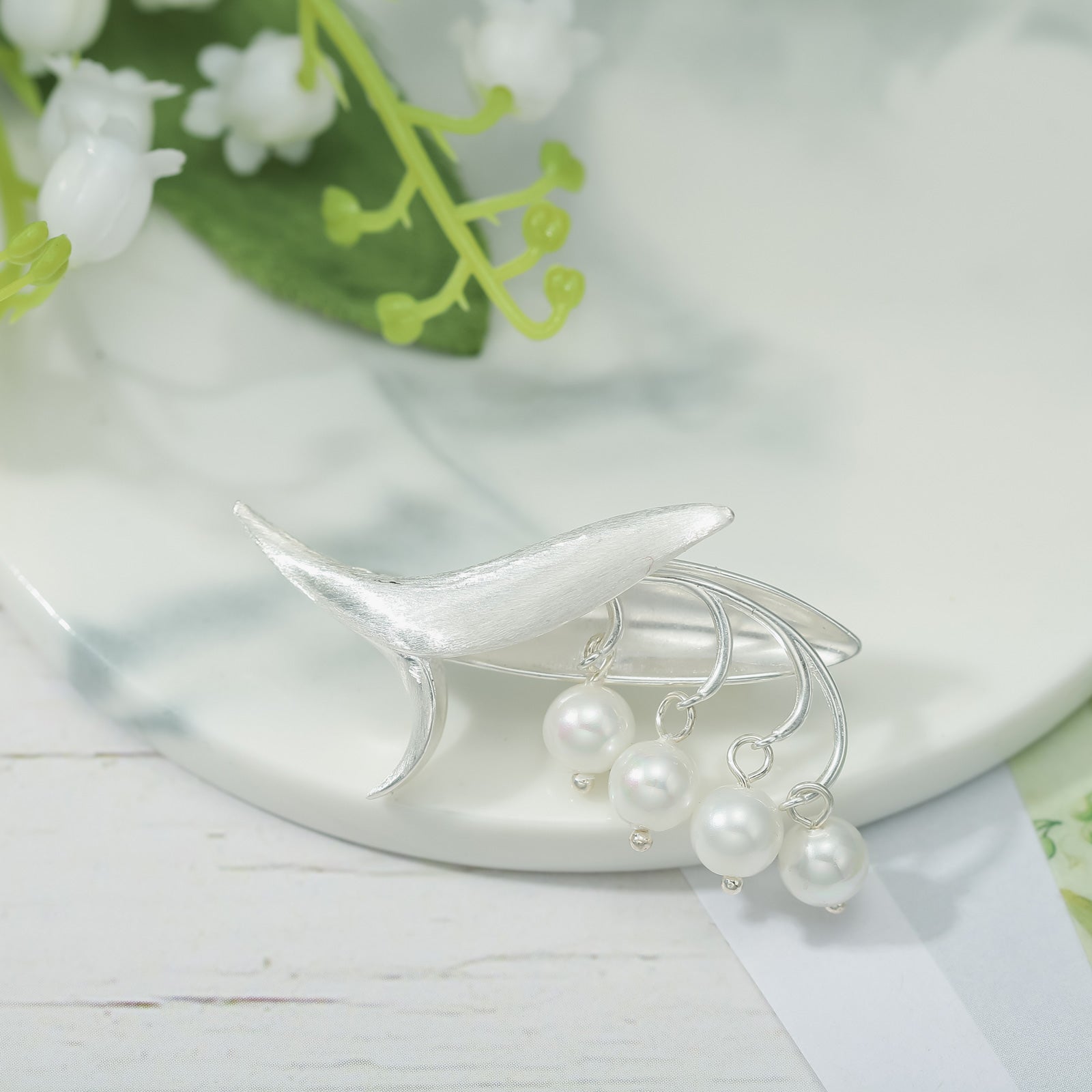 Antique Silver Lily Of The Valley Pearl Brooch