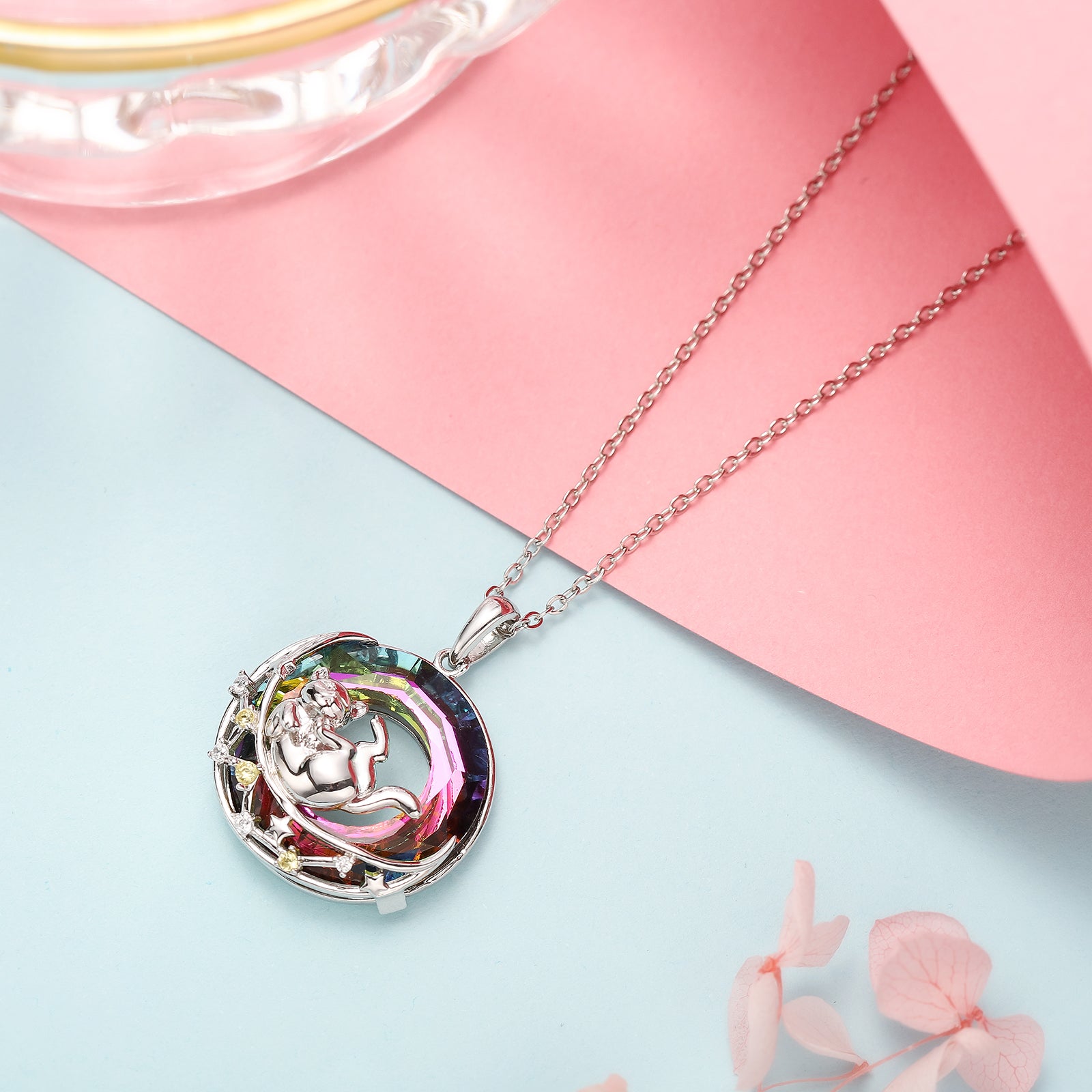 Rolling Cat On the Moon Silver Necklace