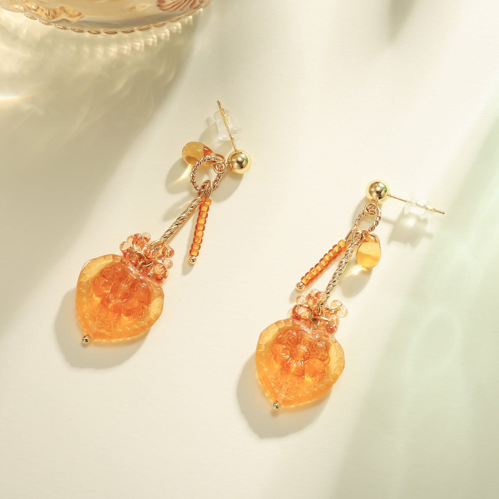 Amber Heart Flower Earrings