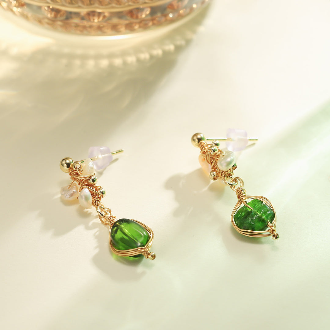 Wire Wrapped Green Gemstone Pendant Earrings