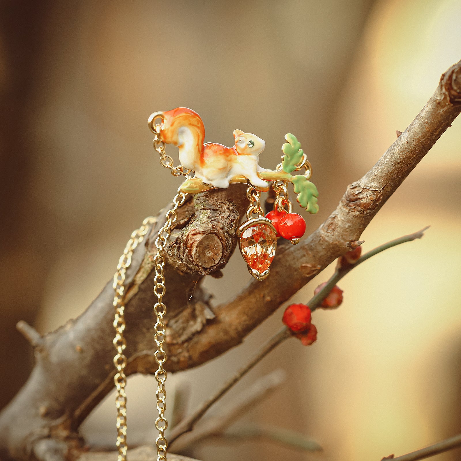 Squirrel Diamond Acorn Berry Necklace