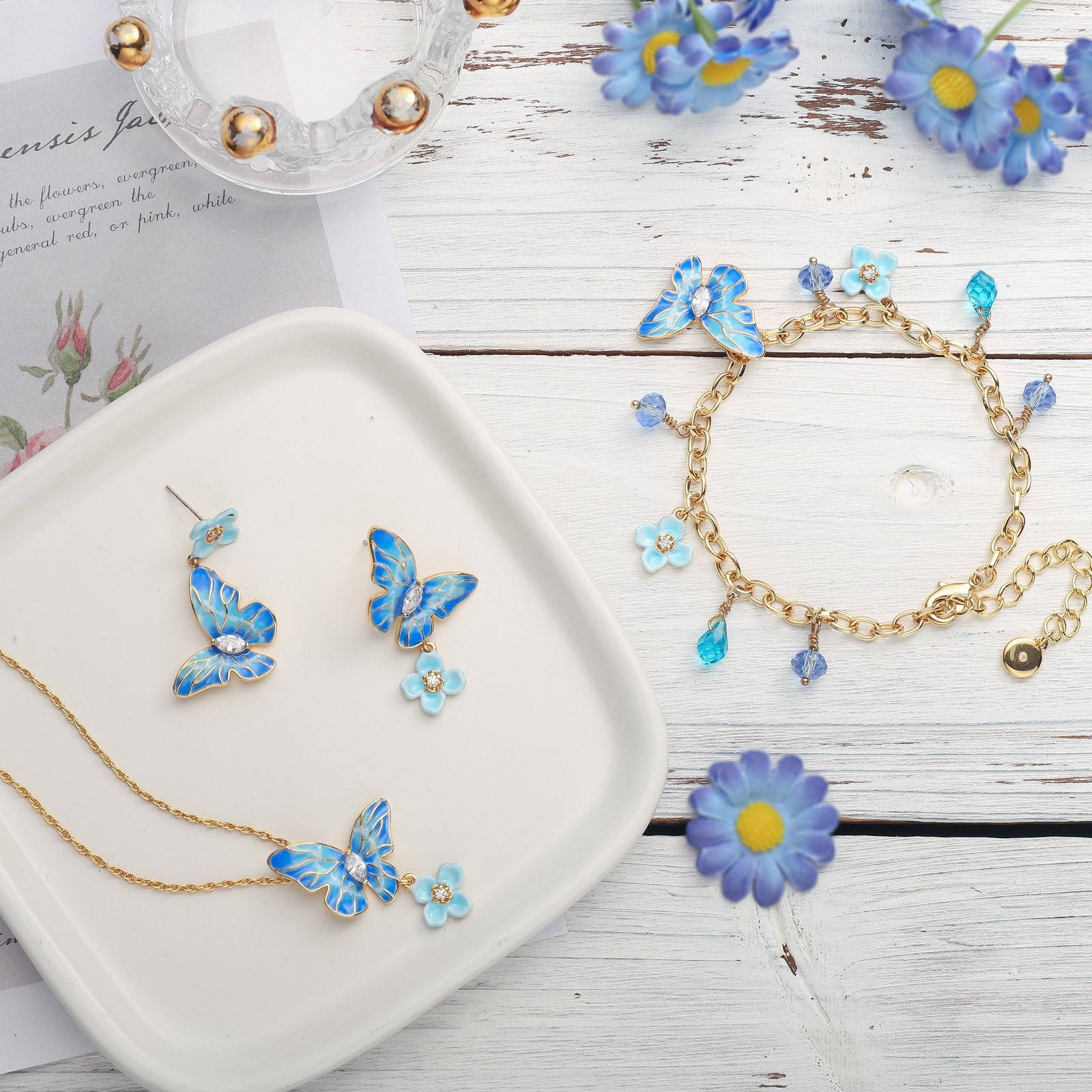 Blue Morpho Butterfly Enamel Jewelry Set