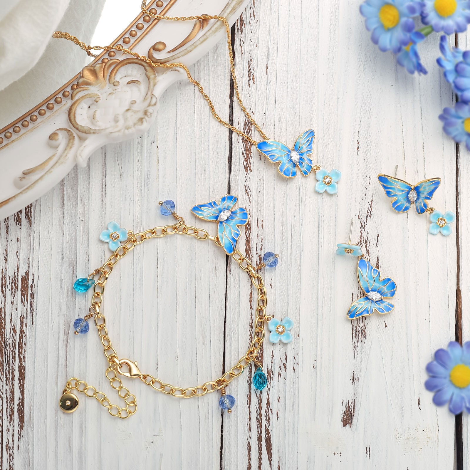 Blue Morpho Butterfly Enamel Jewelry Set