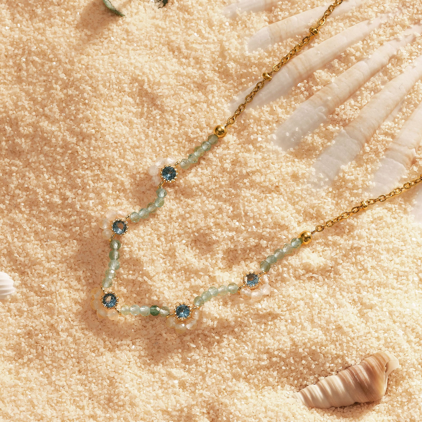 Aquamarine Flower Beaded Necklace